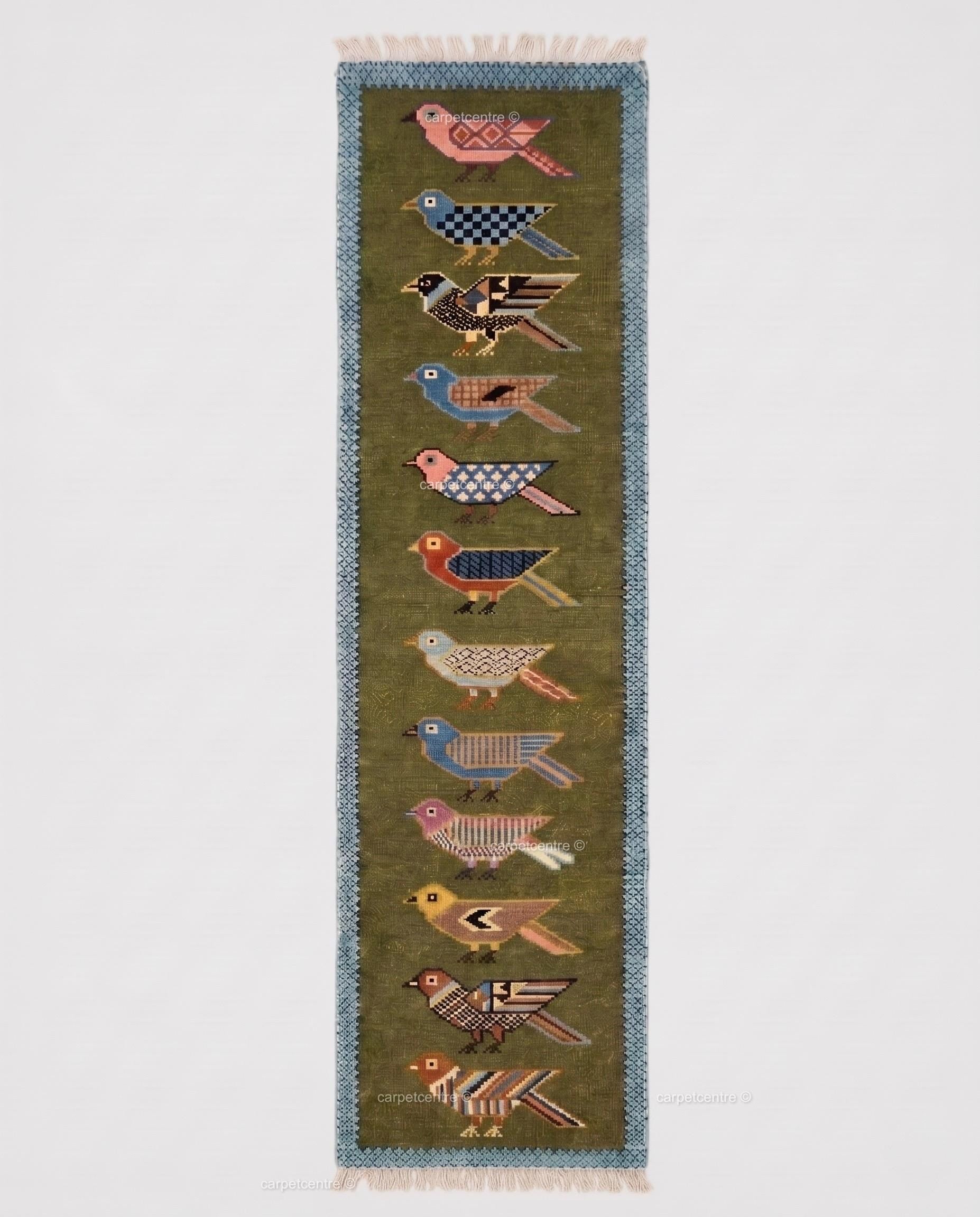 Handmade Wool Runner Rug Folk Art Bird Design, Green Carpet, Hallway-Entryway-Kitchen-Bathroom Runner