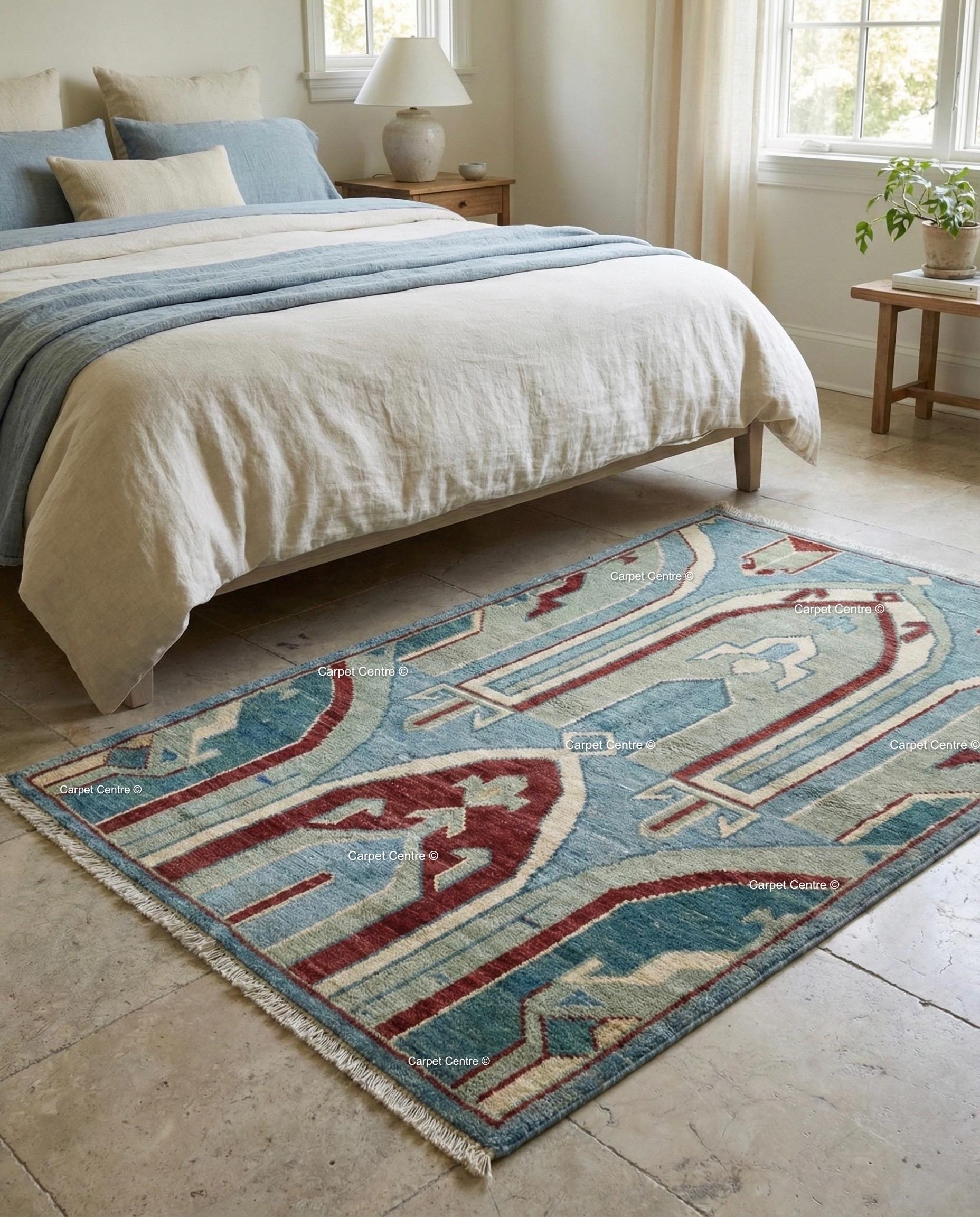 Hand Knotted Teal Oushak Rug, Geometric Arch Design, Turkish Wool