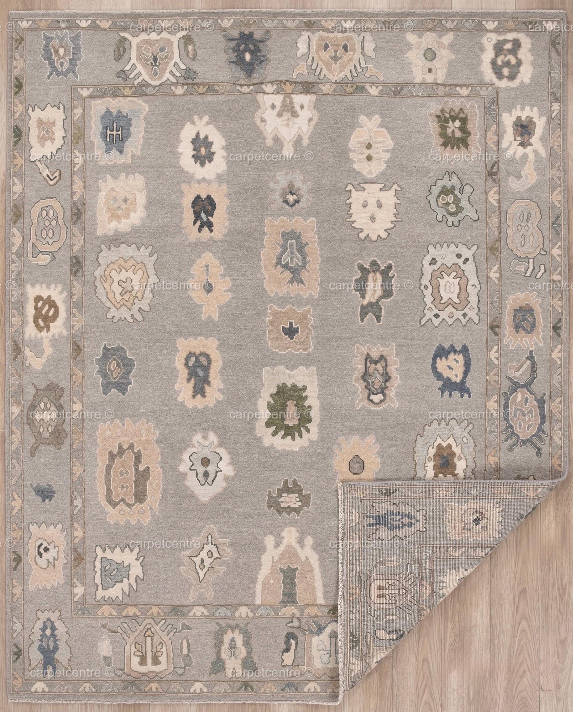 Hand Knotted Wool Oushak Rug | Muted Geometric Tribal Design, Neutral Tones
