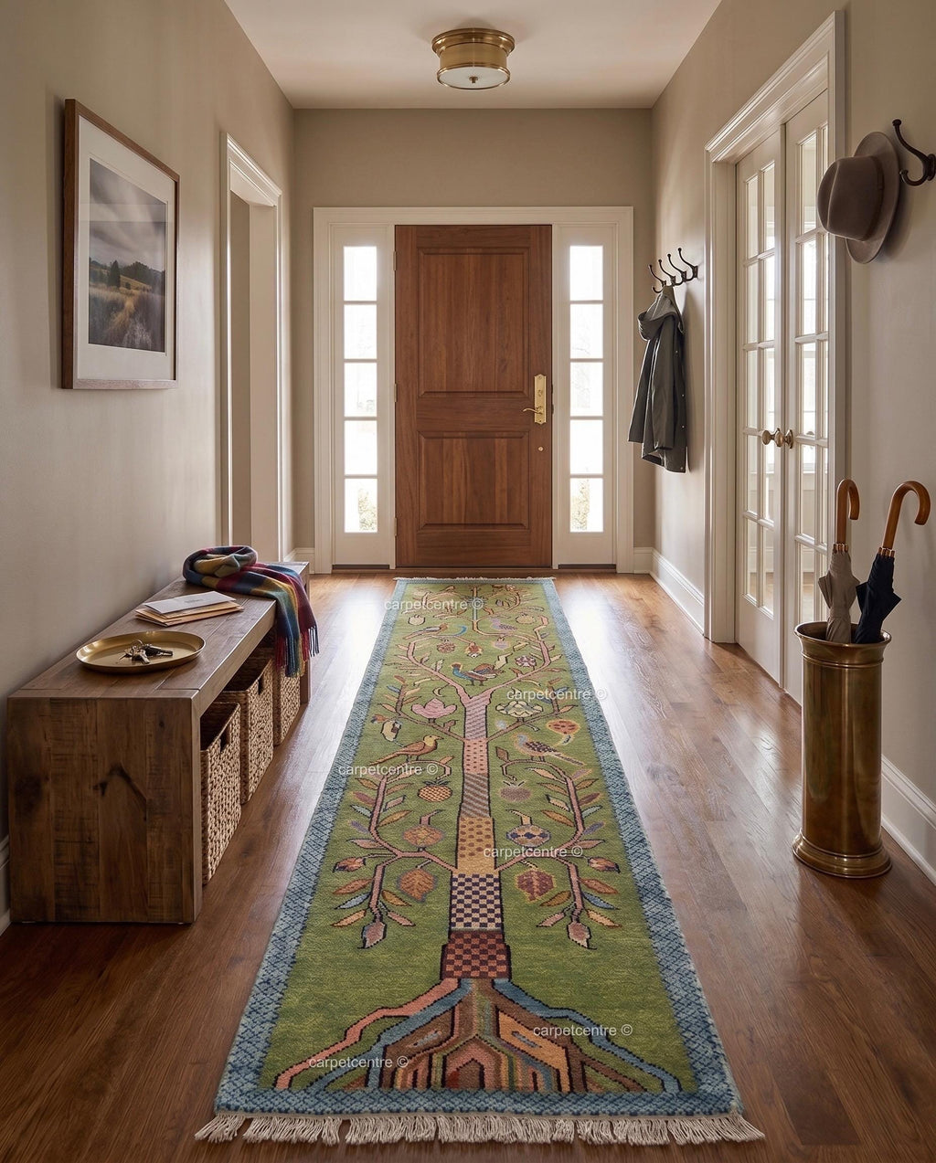 Handmade Wool Tree of Life Runner Rug: Colorful Botanical Hallway Carpet