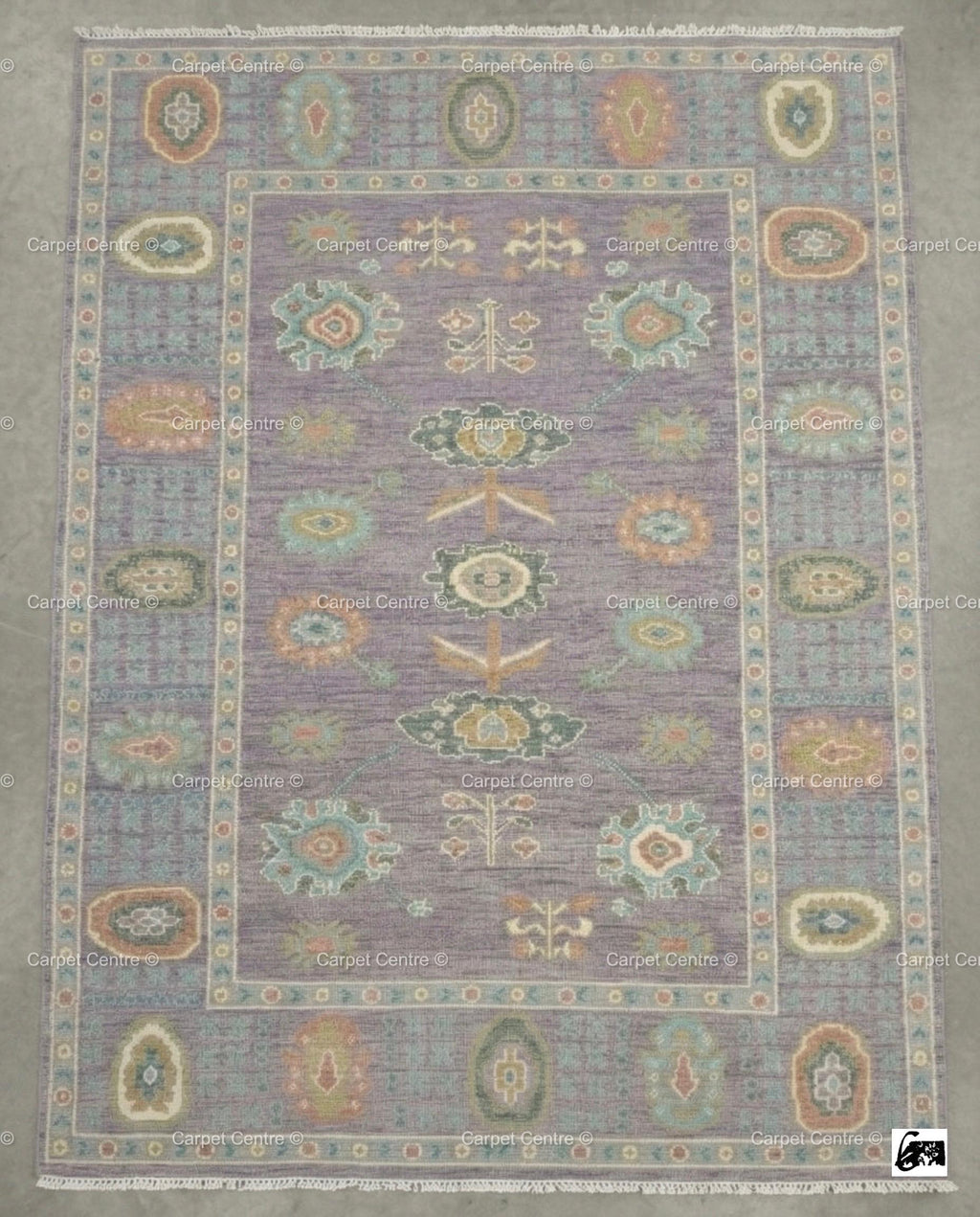 Hand-Knotted Oushak Wool Rug: Lilac Purple Folk Art Medallion