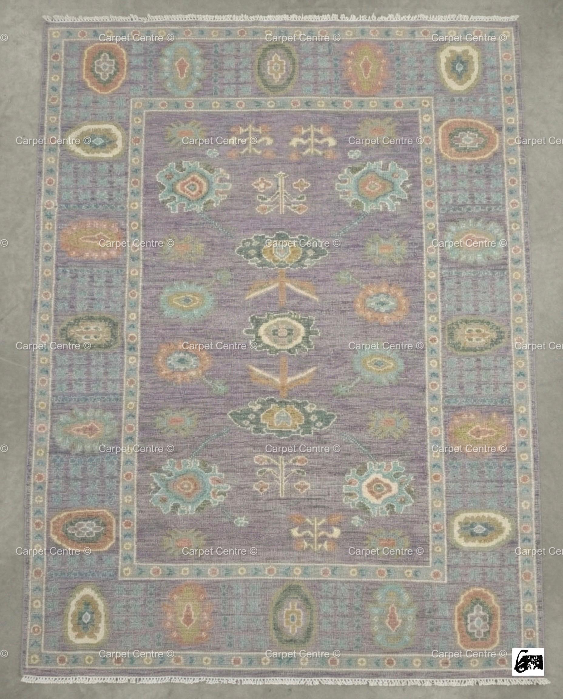 Hand-Knotted Oushak Wool Rug: Lilac Purple Folk Art Medallion