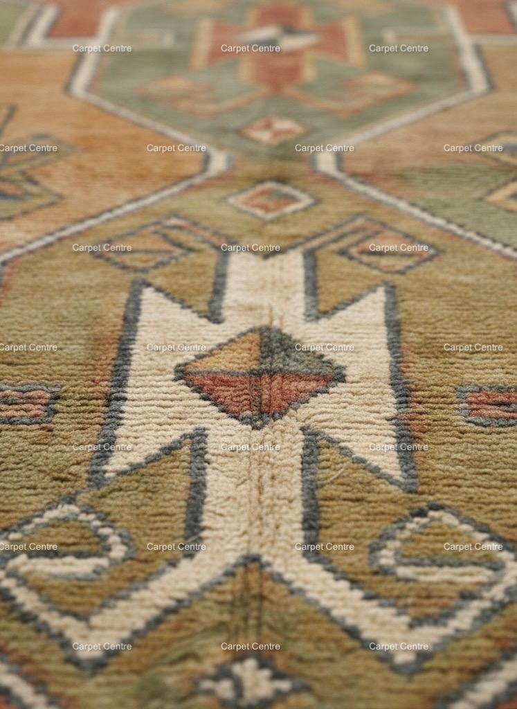 Hand-Knotted Wool Oushak Rug, Rust Green Geometric Tribal Turkish Vintage Decor