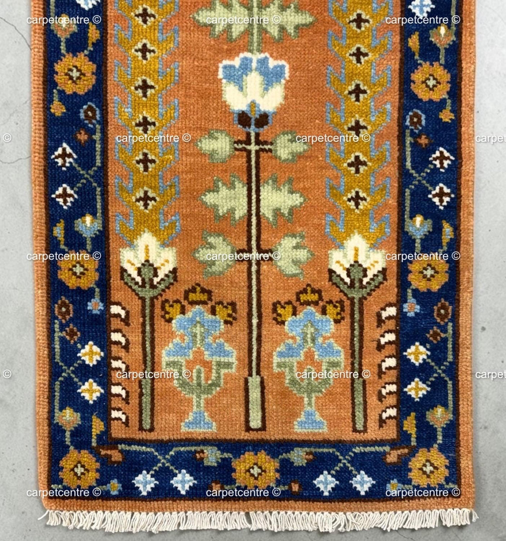 Hand-Knotted Wool Oushak Runner, Terracotta Tree of Life, Navy Border Hallway Rug