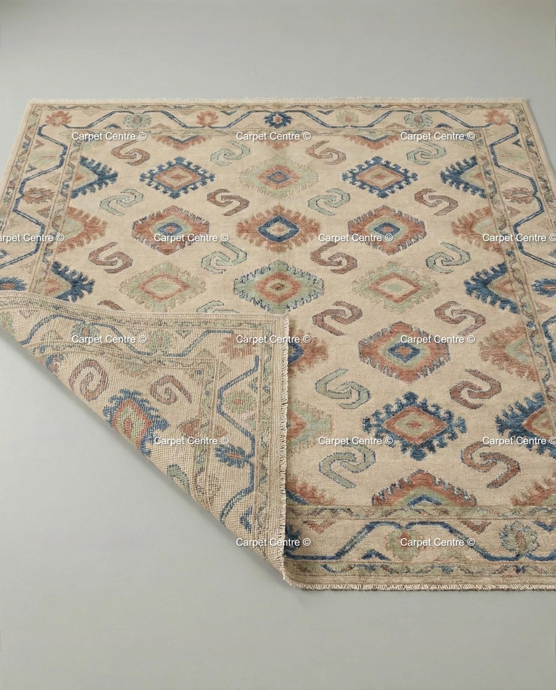 Hand Knotted Oushak Wool Rug, Geometric Diamond, Boho Home Decor