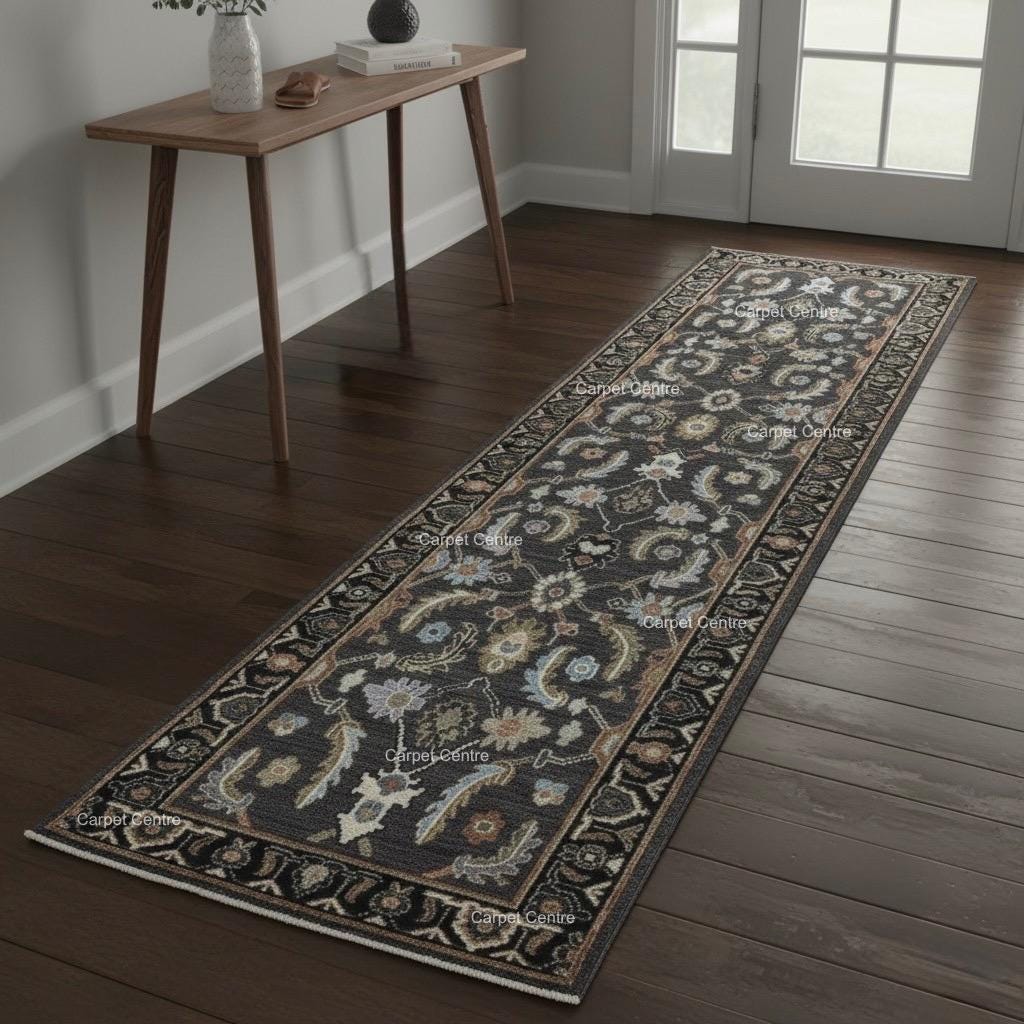 Hand-Knotted Wool Runner Rug, Charcoal Gray Traditional Floral Hallway Rug, 2x8