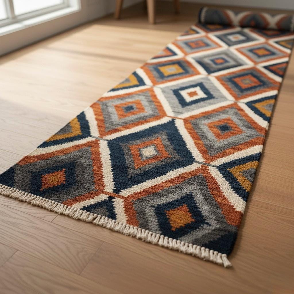 Handwoven Wool Runner Rug: Oushak Geometric Design