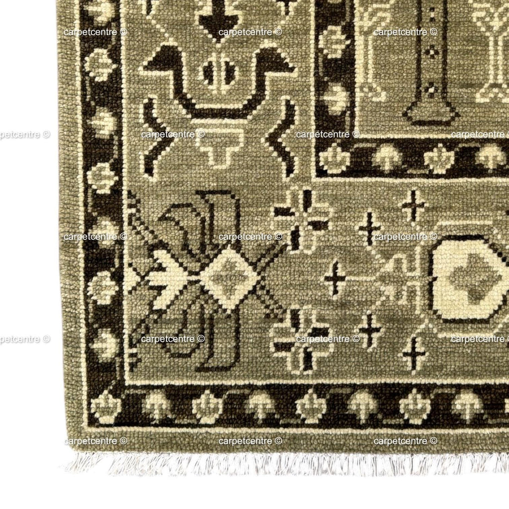 Hand Knotted Wool Oushak Rug, Olive Green Tree of Life Area Carpet