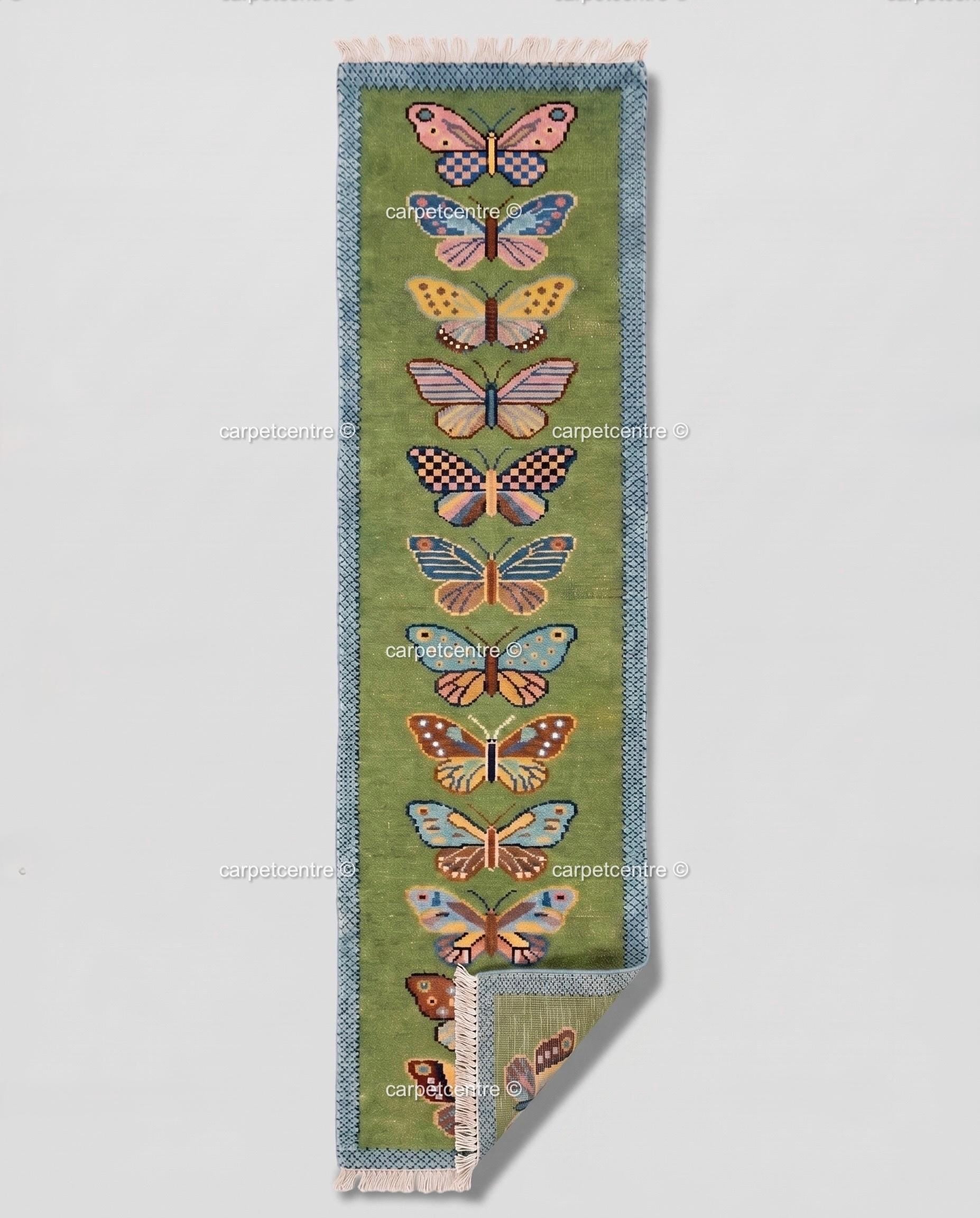Handmade Wool Butterfly Runner Rug | Colorful Hallway Carpet, Custom Sizes