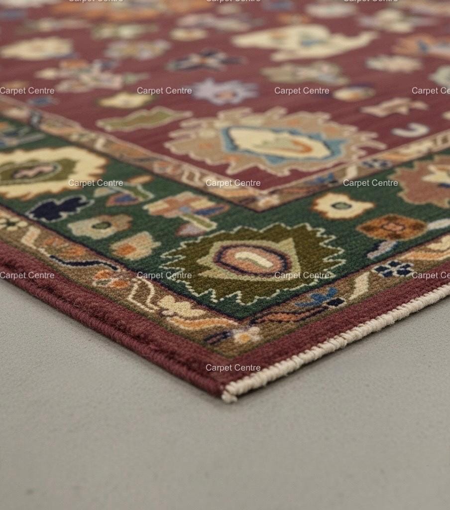 Maroon Oushak Rug, Hand-Knotted Wool Rug, Red and Green, 8x10