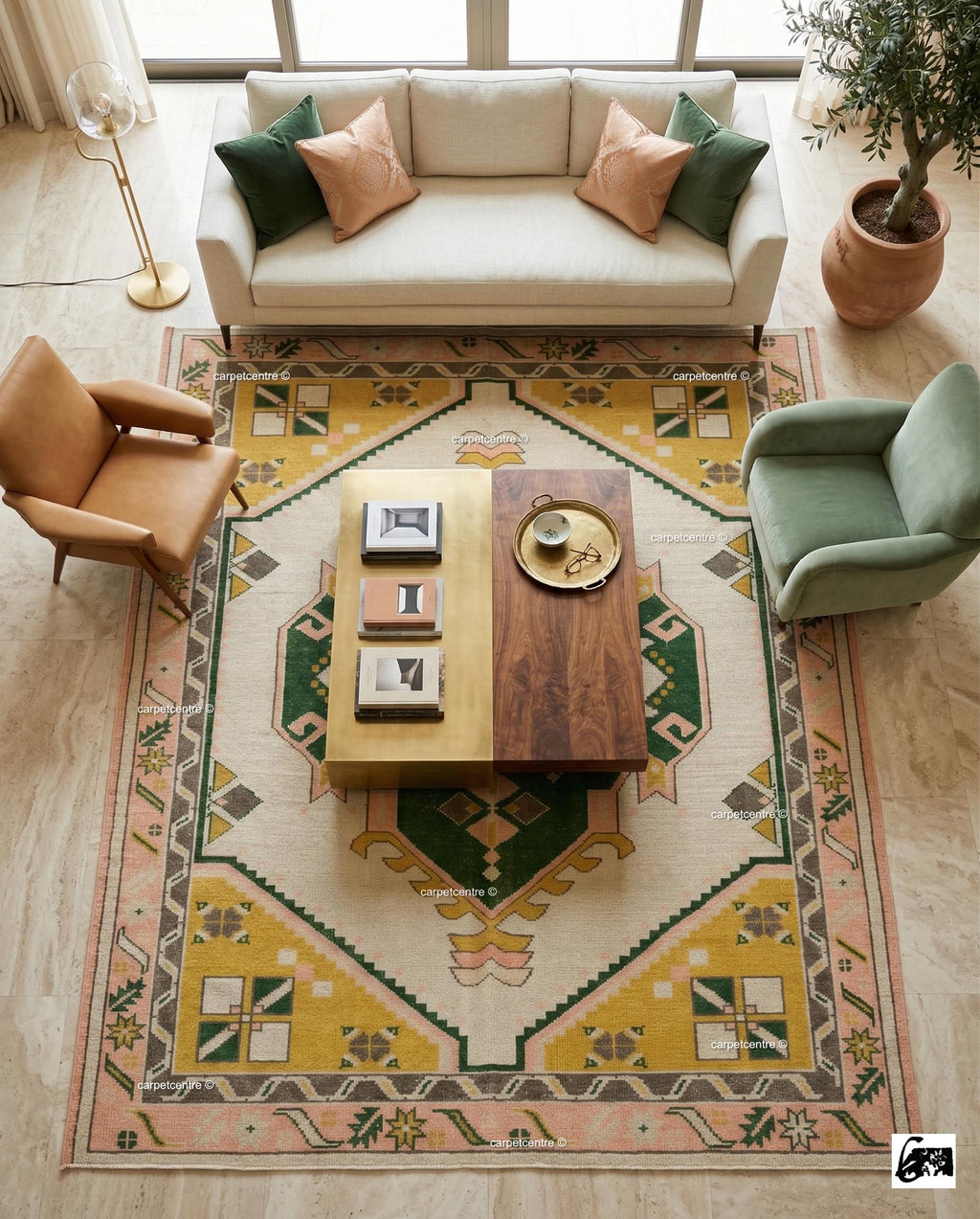 Hand Knotted Wool Oushak Rug | Green, Yellow, Pink Geometric Boho Area Rug
