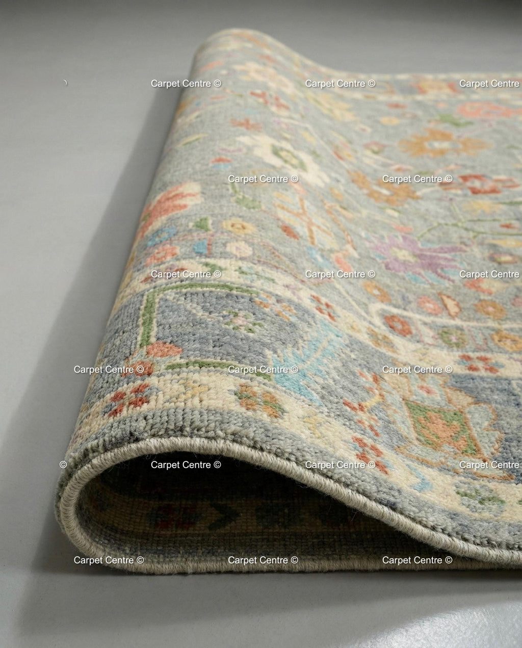 Hand Knotted Wool Oushak Rug, Slate Grey Floral Carpet
