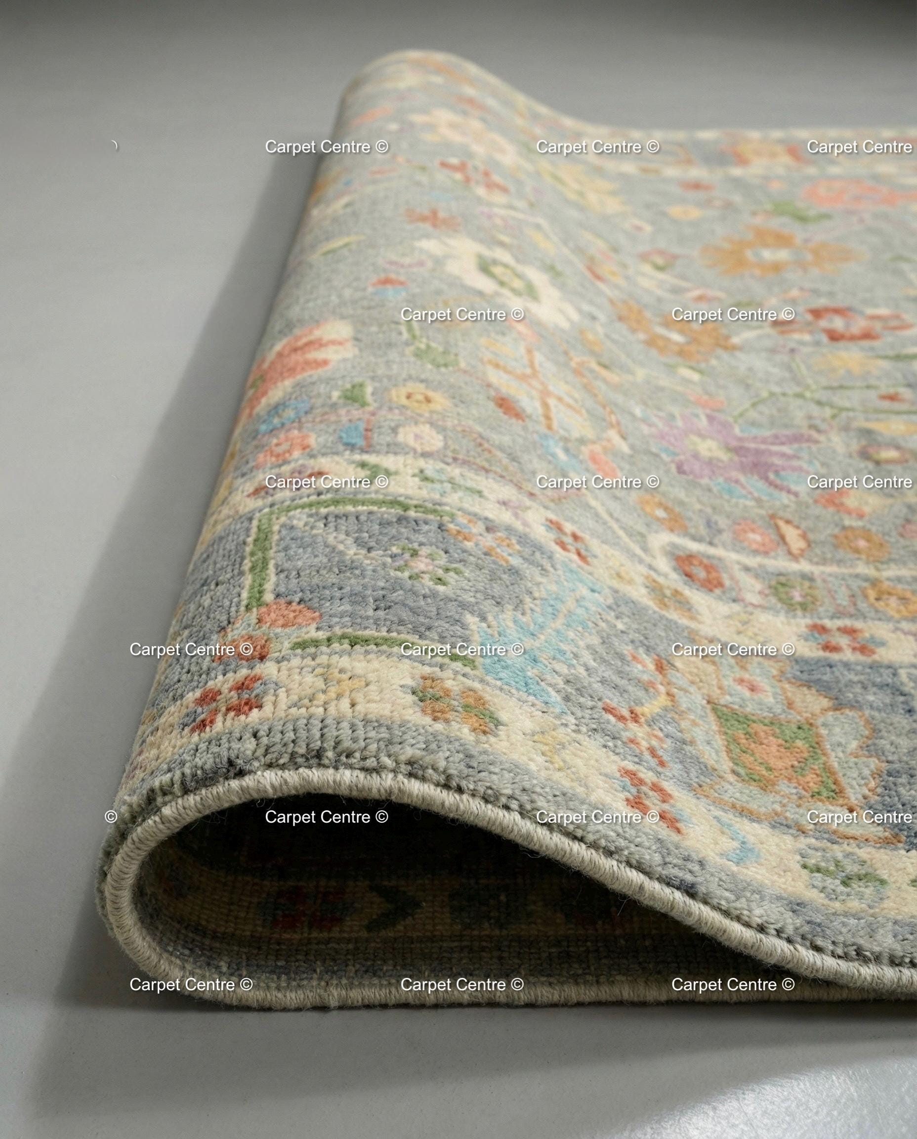 Hand Knotted Wool Oushak Rug, Slate Grey Floral Carpet