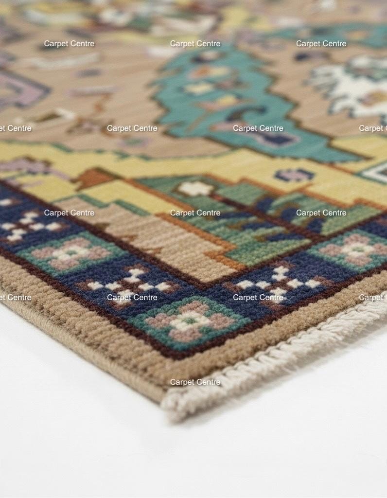 Hand-Knotted Oushak Wool Rug, Teal & Tan Geometric Kilim Design
