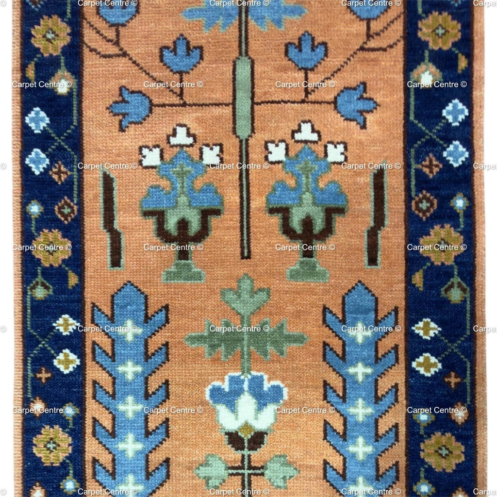 Hand-Knotted Terracotta Oushak Hallway Runner Rug, Handspun Wool Tree of Life, Navy Border
