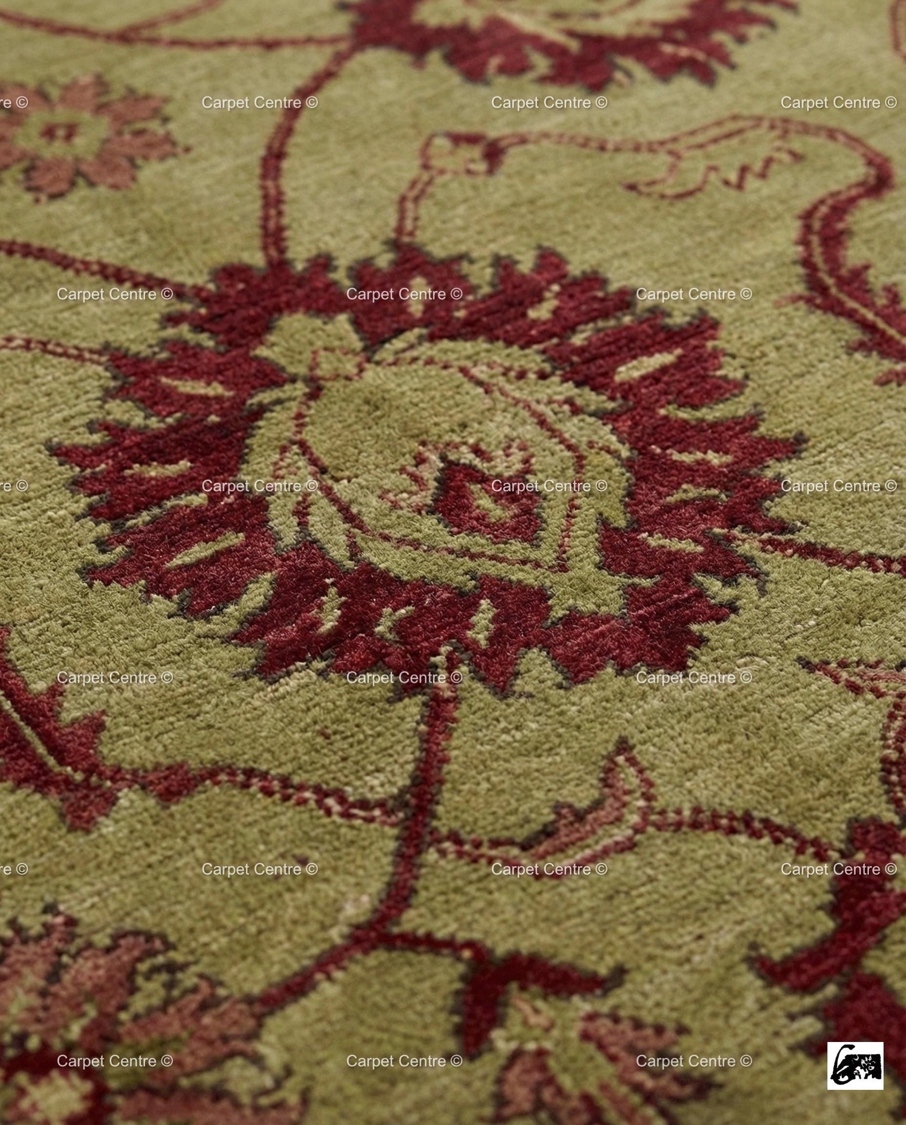 Hand-Knotted Wool Oushak Rug, Sage Green Floral, Arts & Crafts Style