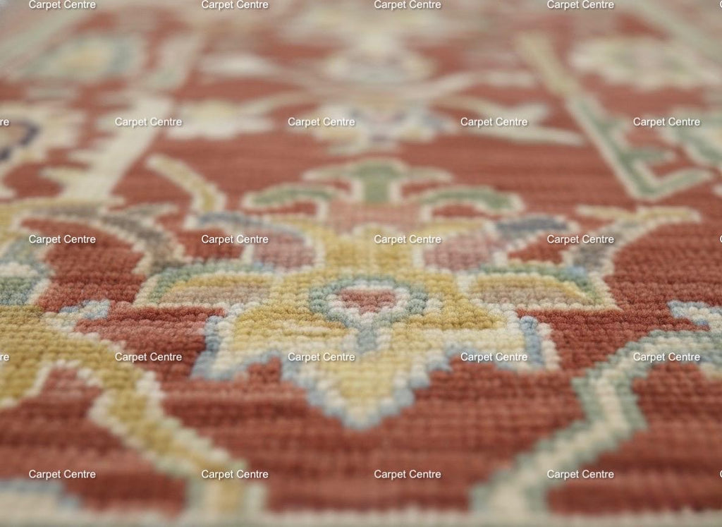 Hand-Knotted Terracotta Wool Runner Rug, Oushak Heriz Style, 2x10