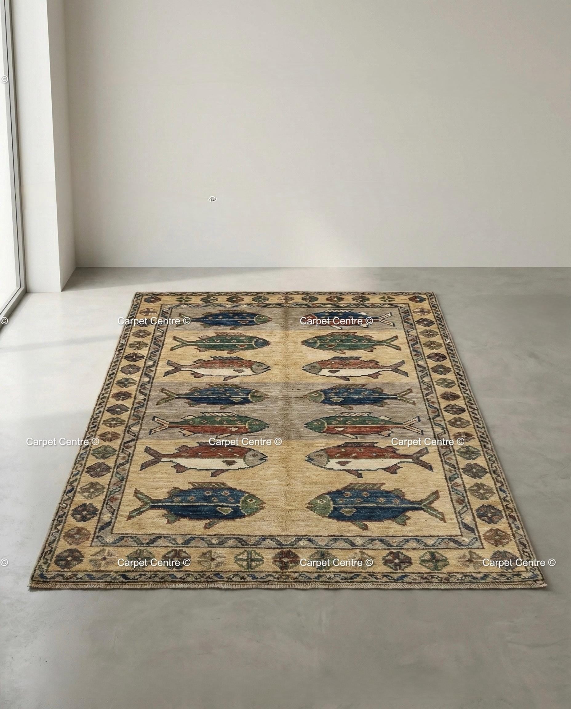 Handmade Wool Fish Rug, Turkish Oushak, Coastal Cabin Decor