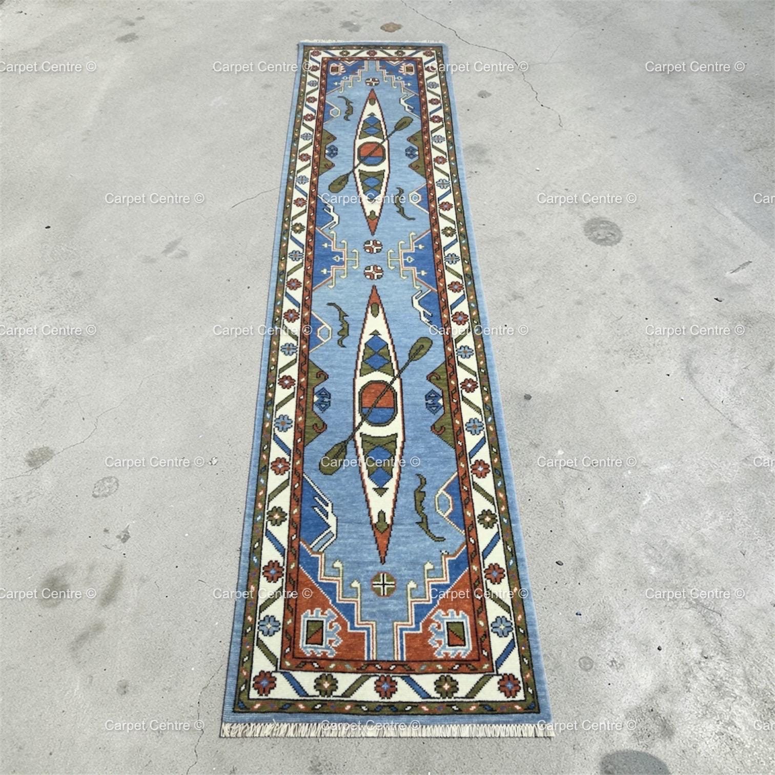 Hand-Knotted Wool Runner Rug, Canoe Figural Oushak Style, Coastal Cabin Decor