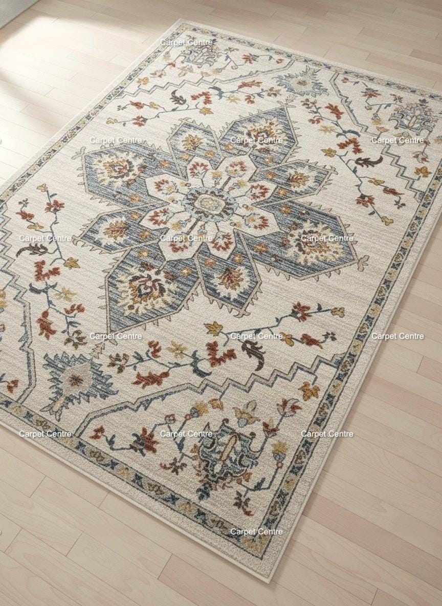 Hand-Knotted Wool Oushak Rug, Beige & Blue Medallion, Persian Style