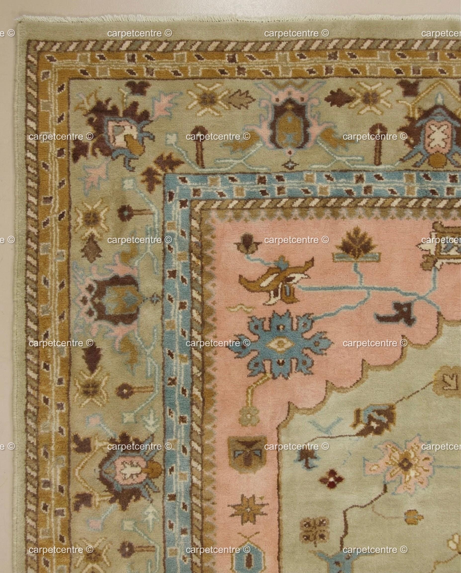 Sage Green Oushak Rug, Muted Peach Floral Geometric Carpet, Boho Nursery Bedroom Decor