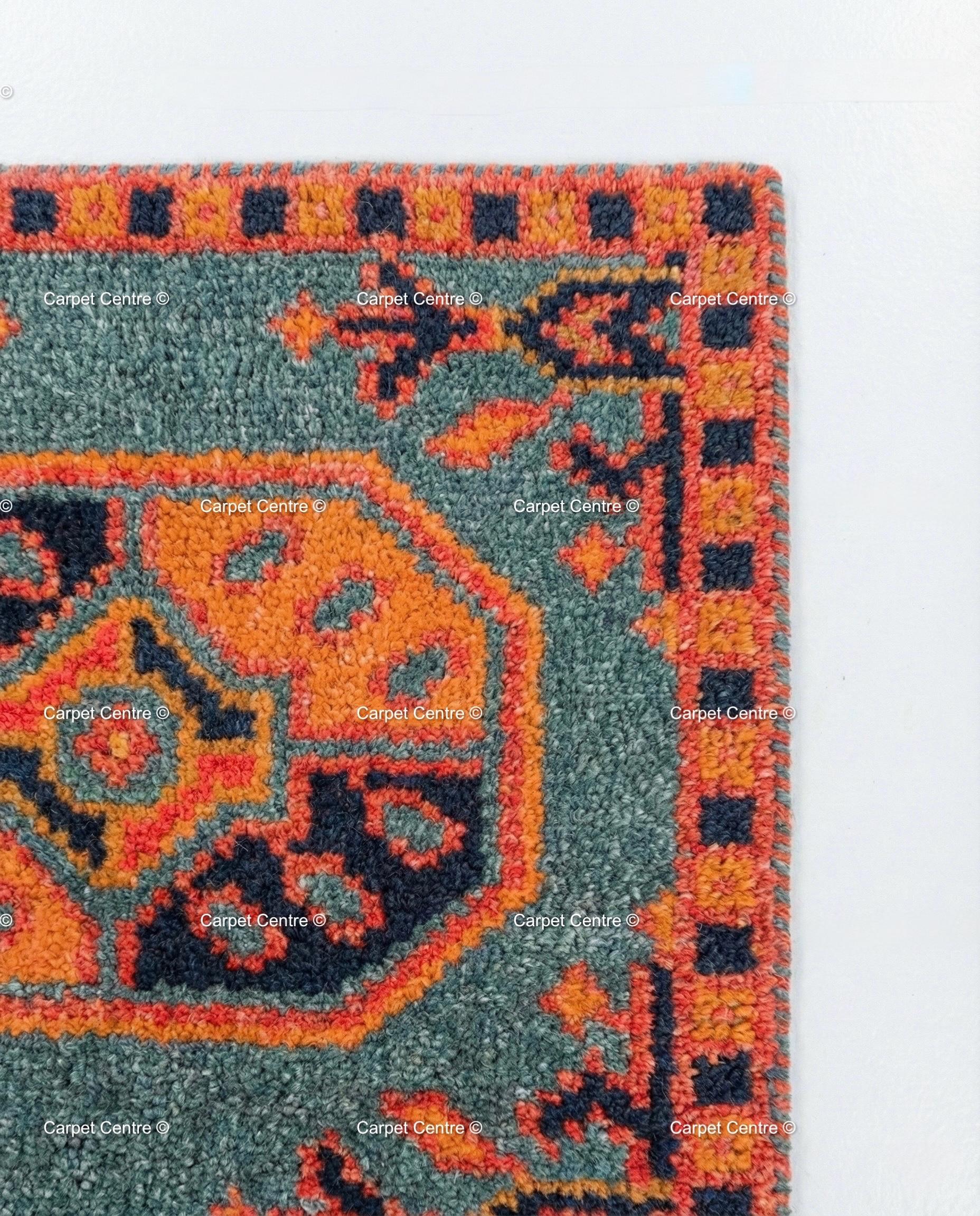 Teal Oushak Wool Runner, Hand Knotted Geometric Hallway Carpet