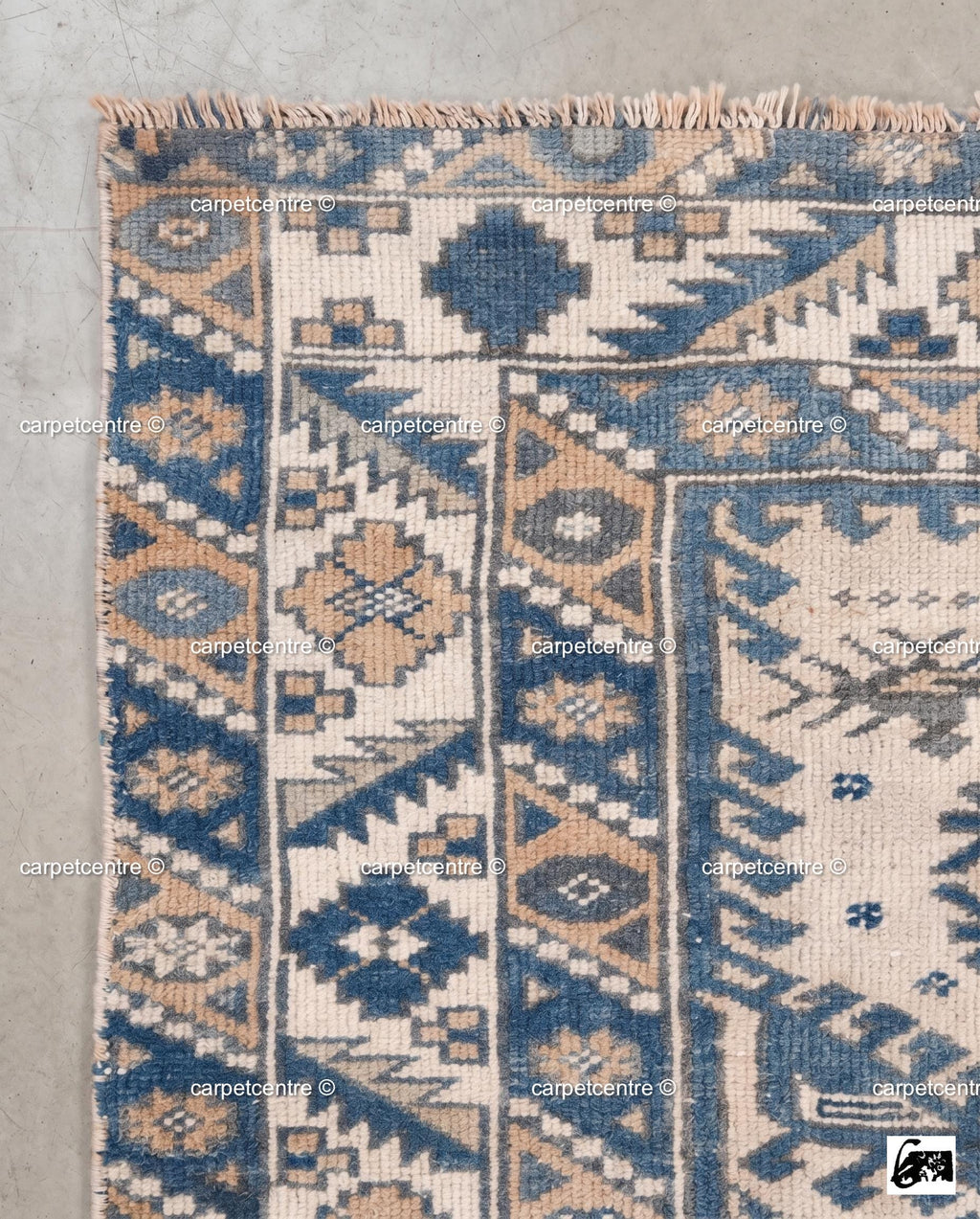 Vintage Oushak Rug | Geometric Anatolian Wool Carpet, Blue Cream Boho Tribal Area Rug