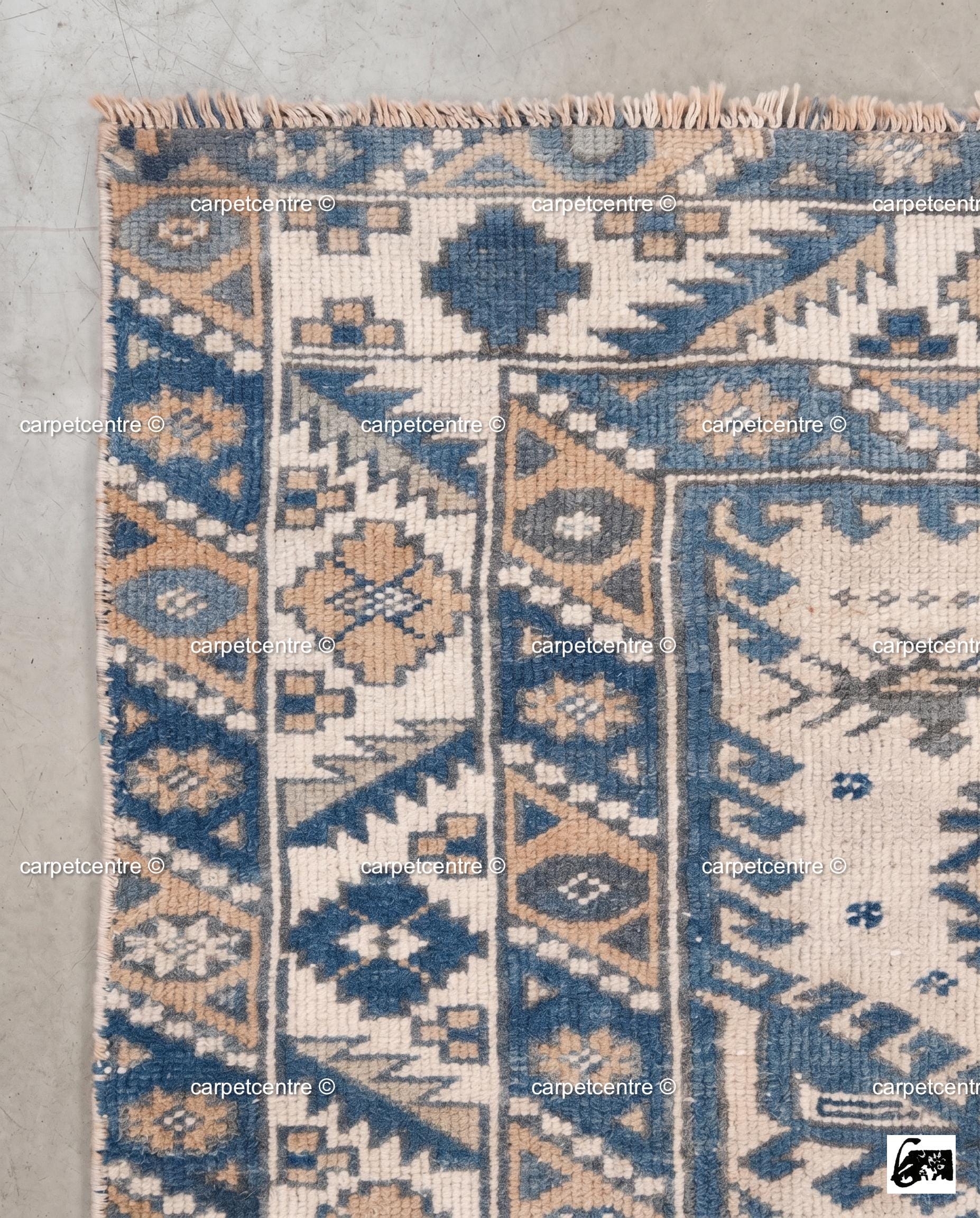 Vintage Oushak Rug | Geometric Anatolian Wool Carpet, Blue Cream Boho Tribal Area Rug