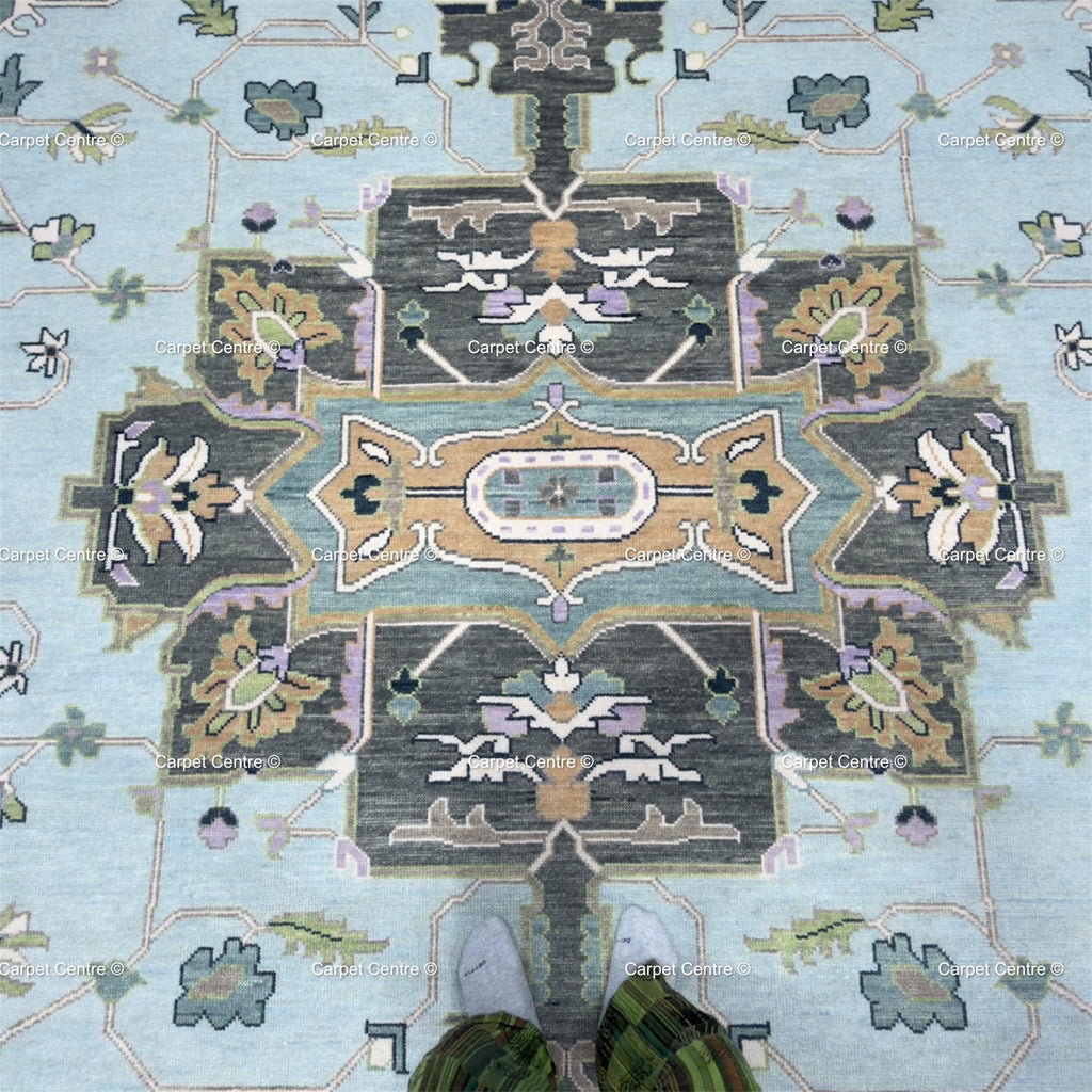 Hand Knotted Oushak Wool Rug, Aqua Navy Geometric Serapi Style
