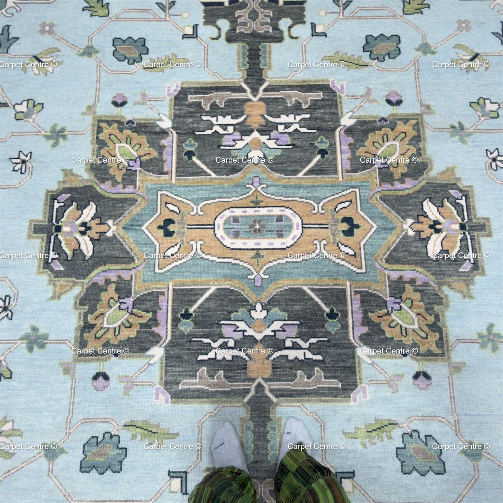 Hand Knotted Oushak Wool Rug, Aqua Navy Geometric Serapi Style