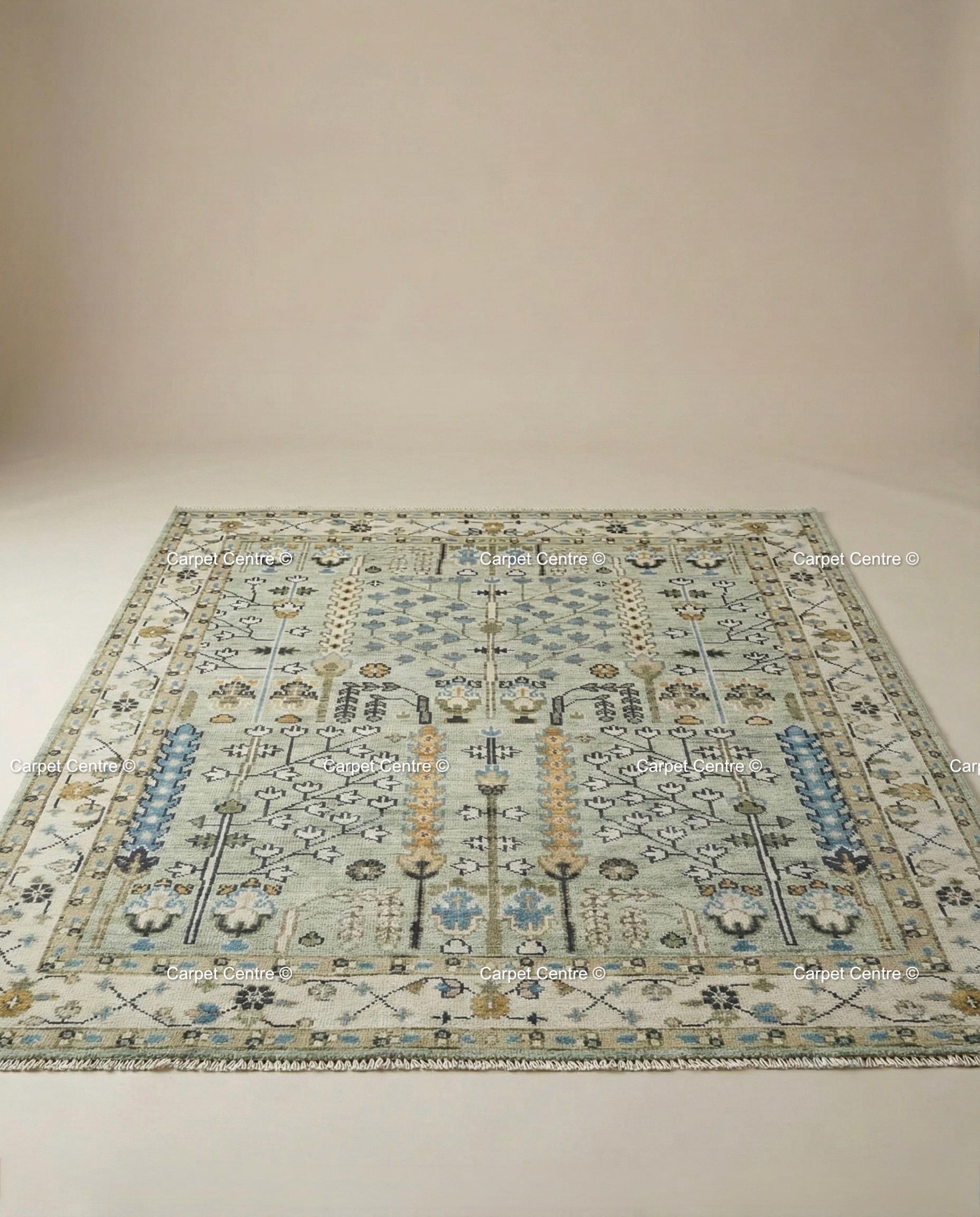 Hand Knotted Wool Oushak Rug – Sage Green Tree of Life Area Rug