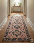 Muted Pink Oushak Turkish Runner, Hand-Knotted Wool Geometric Rug, Boho Hallway Mat