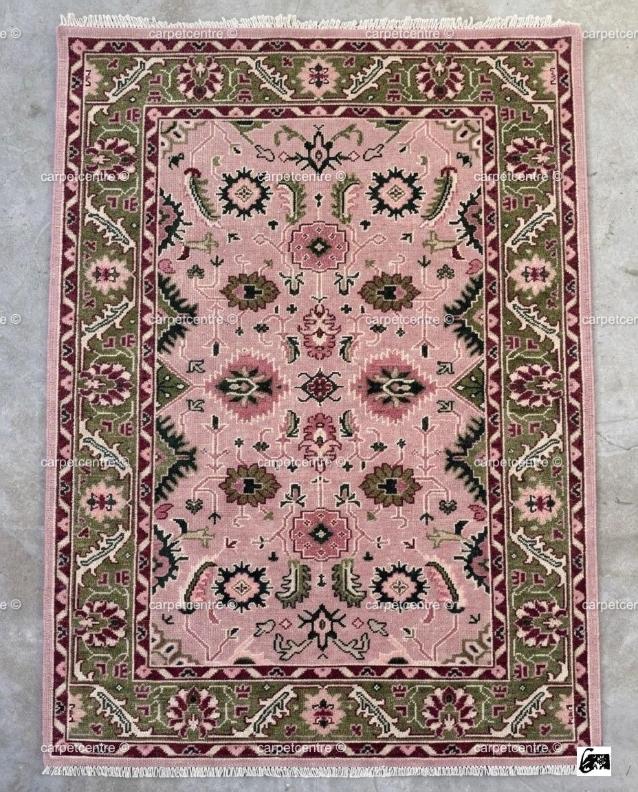 Hand Knotted Pink Oushak Rug, Olive Green Floral Wool Carpet, Vintage Style Nursery Decor