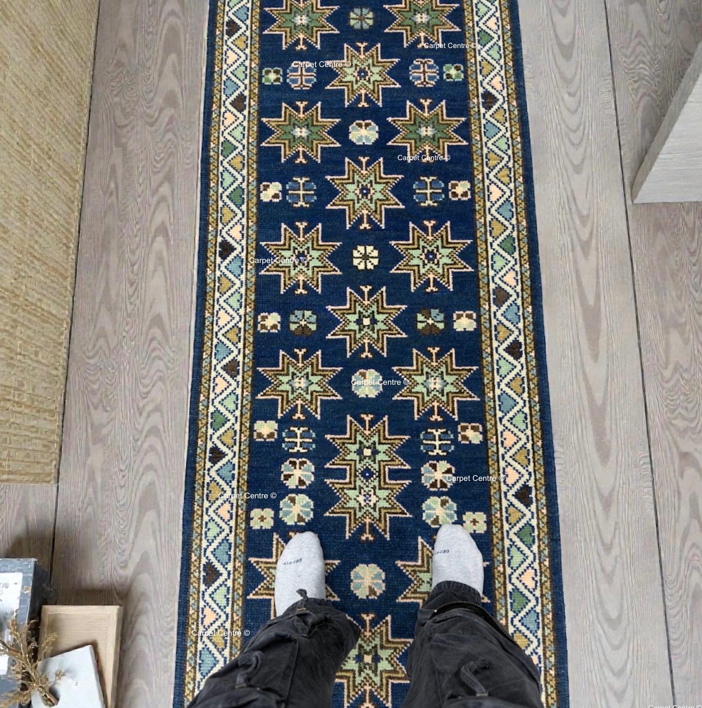 Oriental Star Design Navy Blue Oushak Runner Rug , Traditional Style Kitchen-Hallway-Entryway Rug