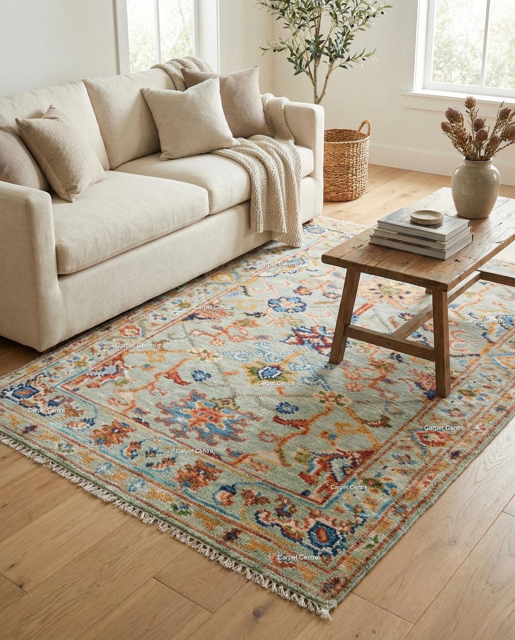 Handmade Light Blue Oushak Rug, Wool Tree of Life Design