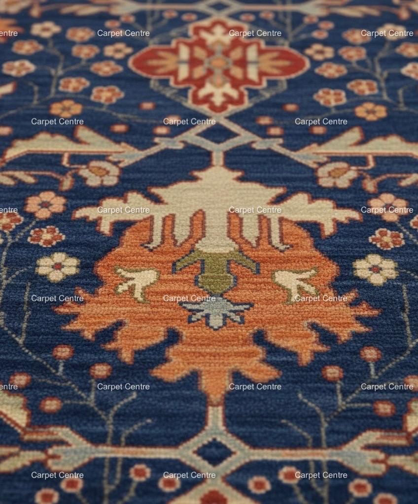 Navy Blue Hand-Knotted Wool Rug, Heriz Oushak Style