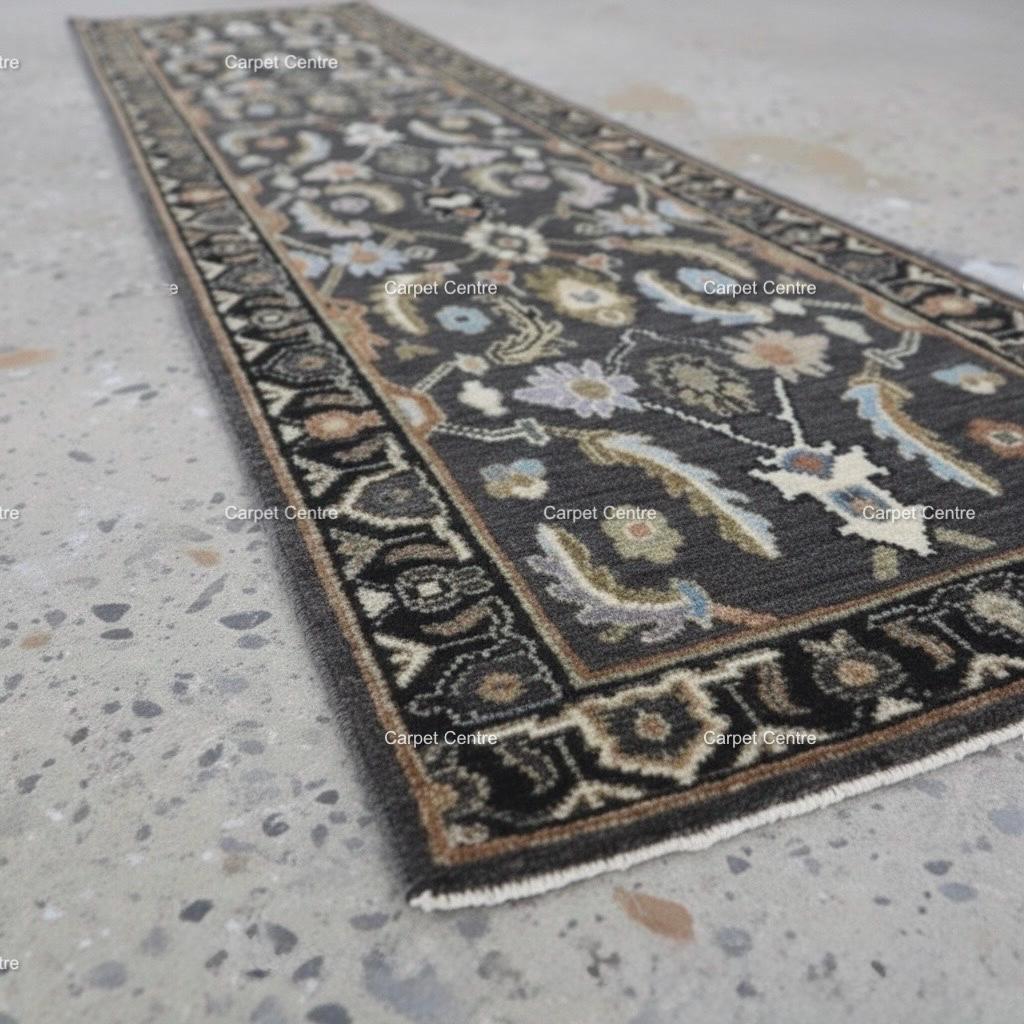 Hand-Knotted Wool Runner Rug, Charcoal Gray Traditional Floral Hallway Rug, 2x8