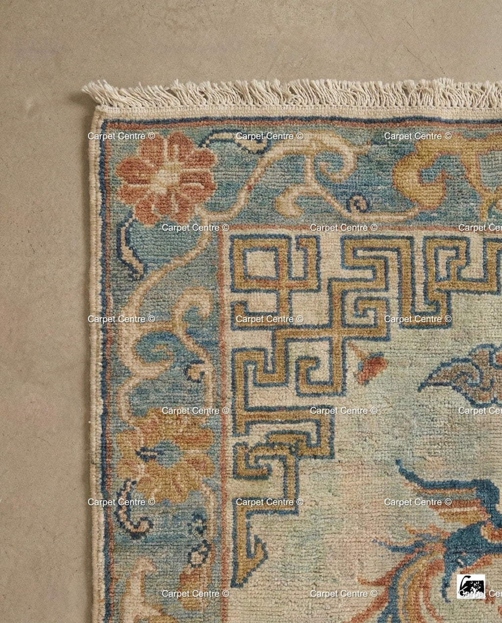 Hand Knotted Wool Rug, Beige Chinoiserie Dragon Phoenix Motif
