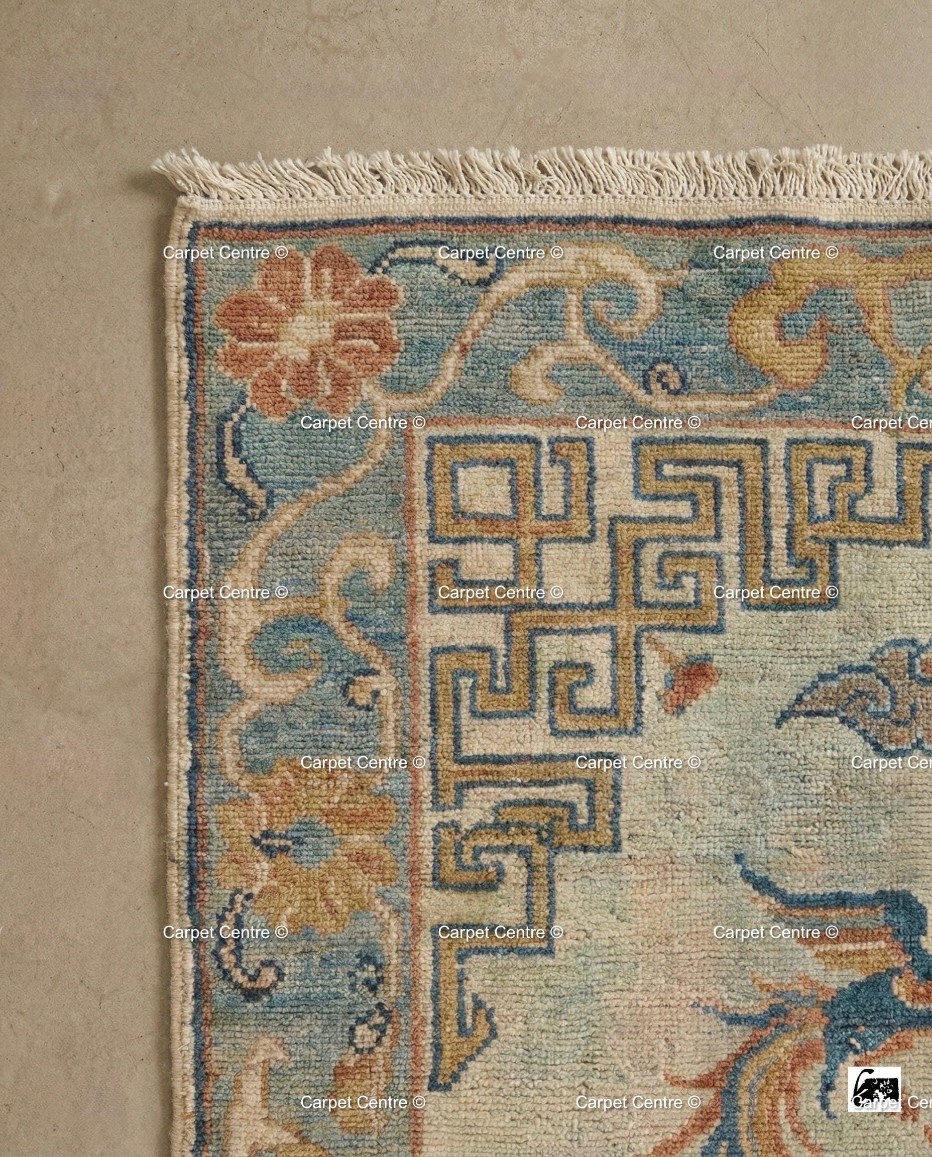 Hand Knotted Wool Rug, Beige Chinoiserie Dragon Phoenix Motif
