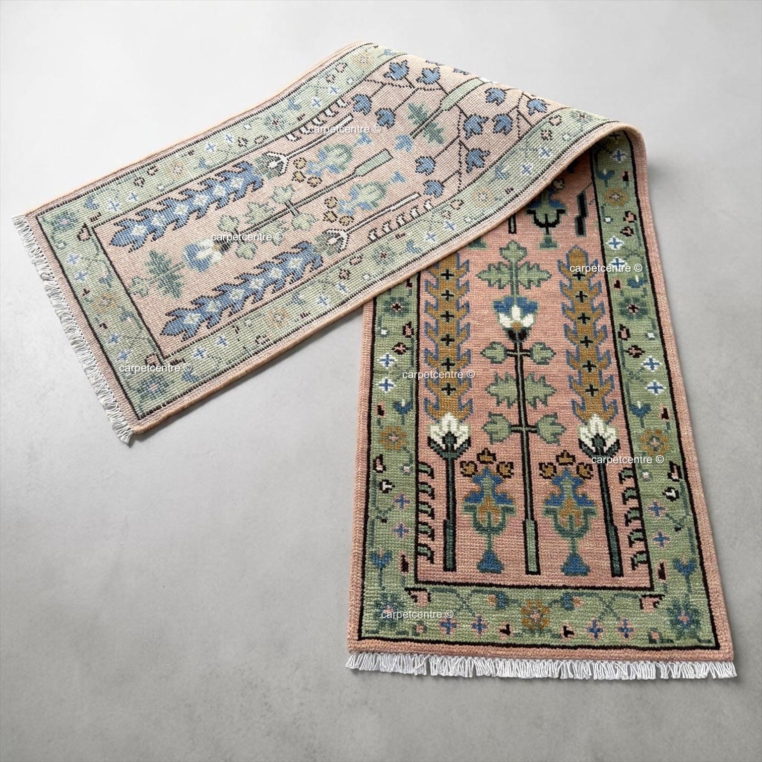 Handmade Wool Runner Rug: Pink and Green Oushak Tree of Life Design