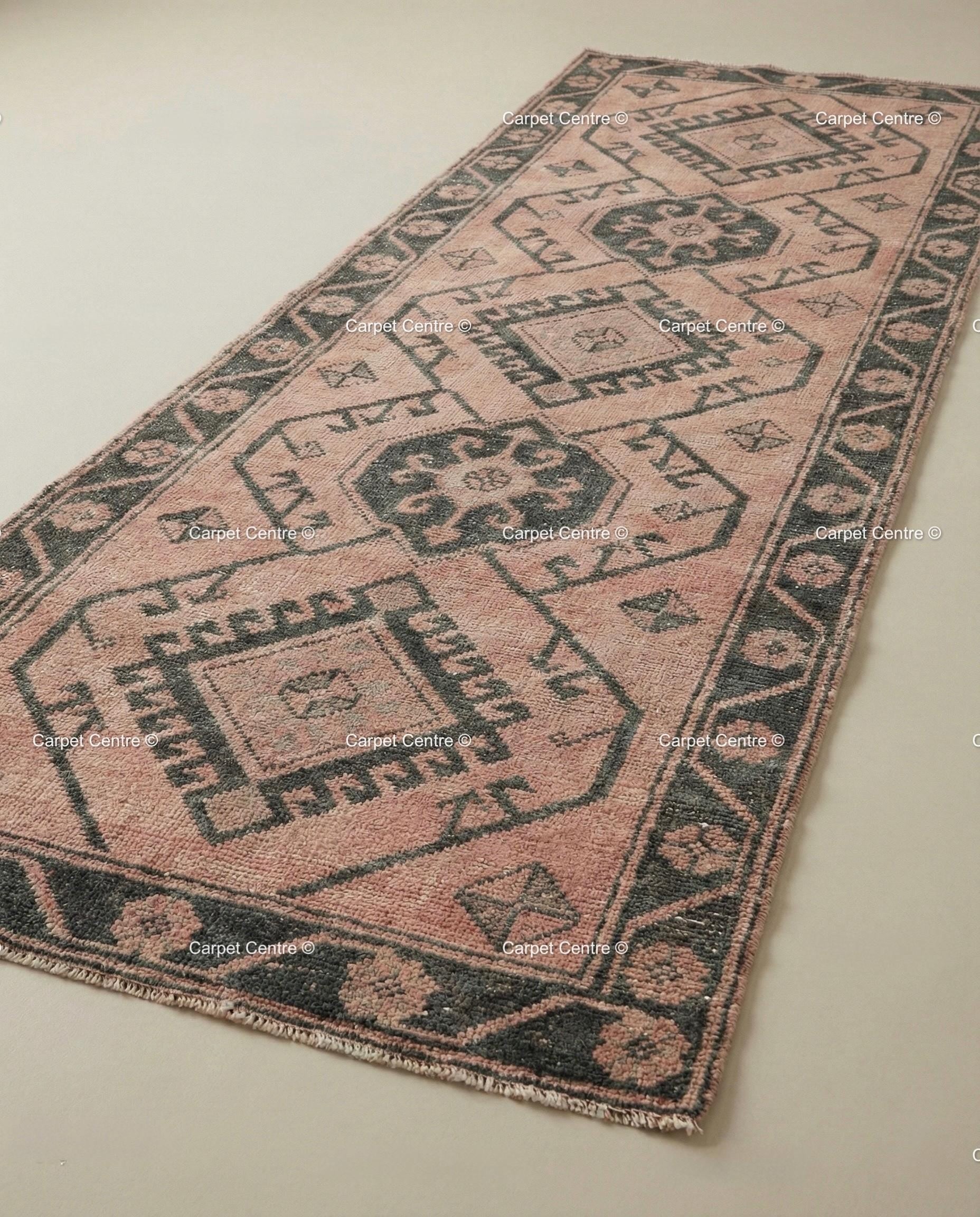 Muted Pink Oushak Turkish Runner, Hand-Knotted Wool Geometric Rug, Boho Hallway Mat