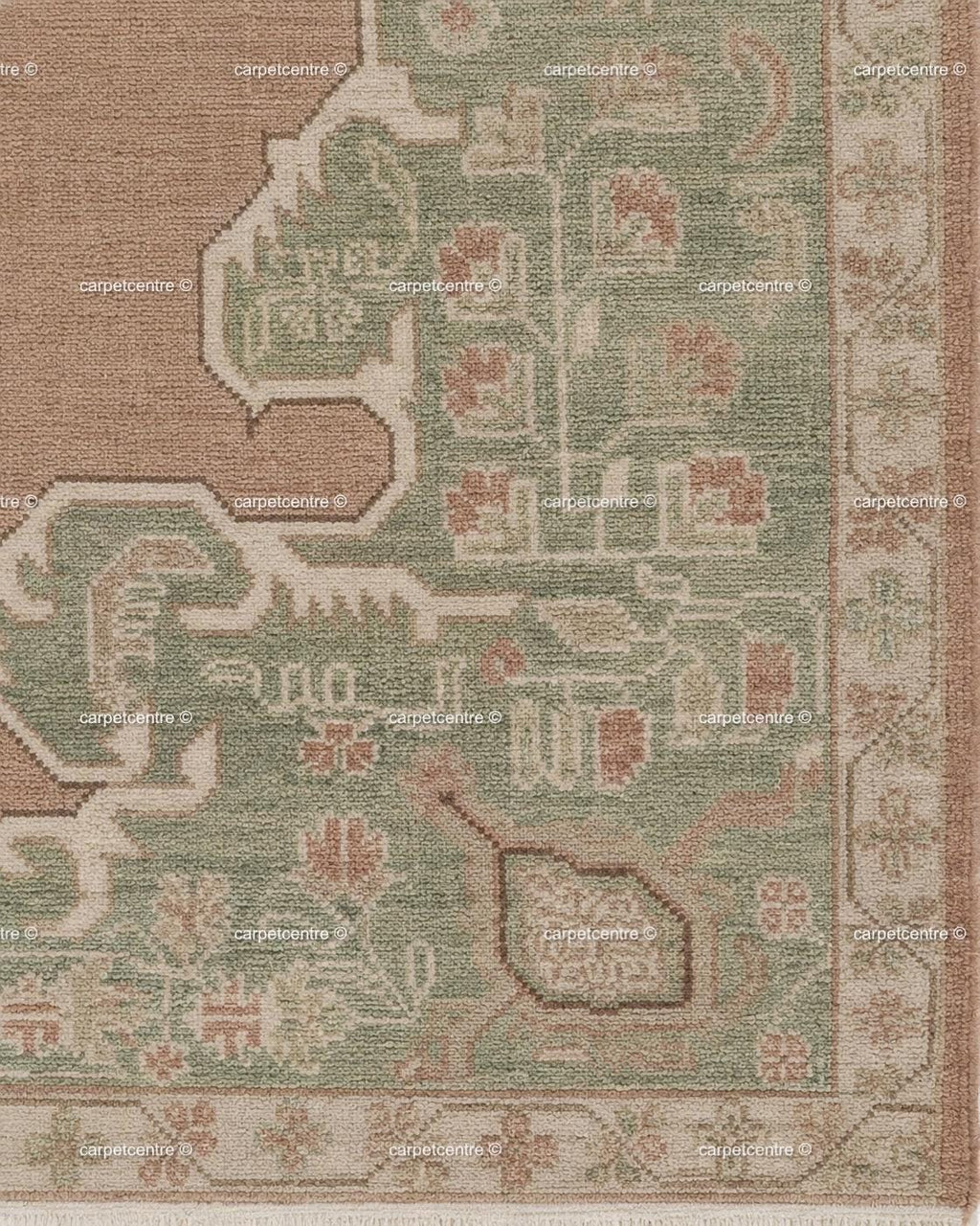 Hand Knotted Oushak Rug: Dusty Rose, Sage Green, New Zealand Wool Carpet
