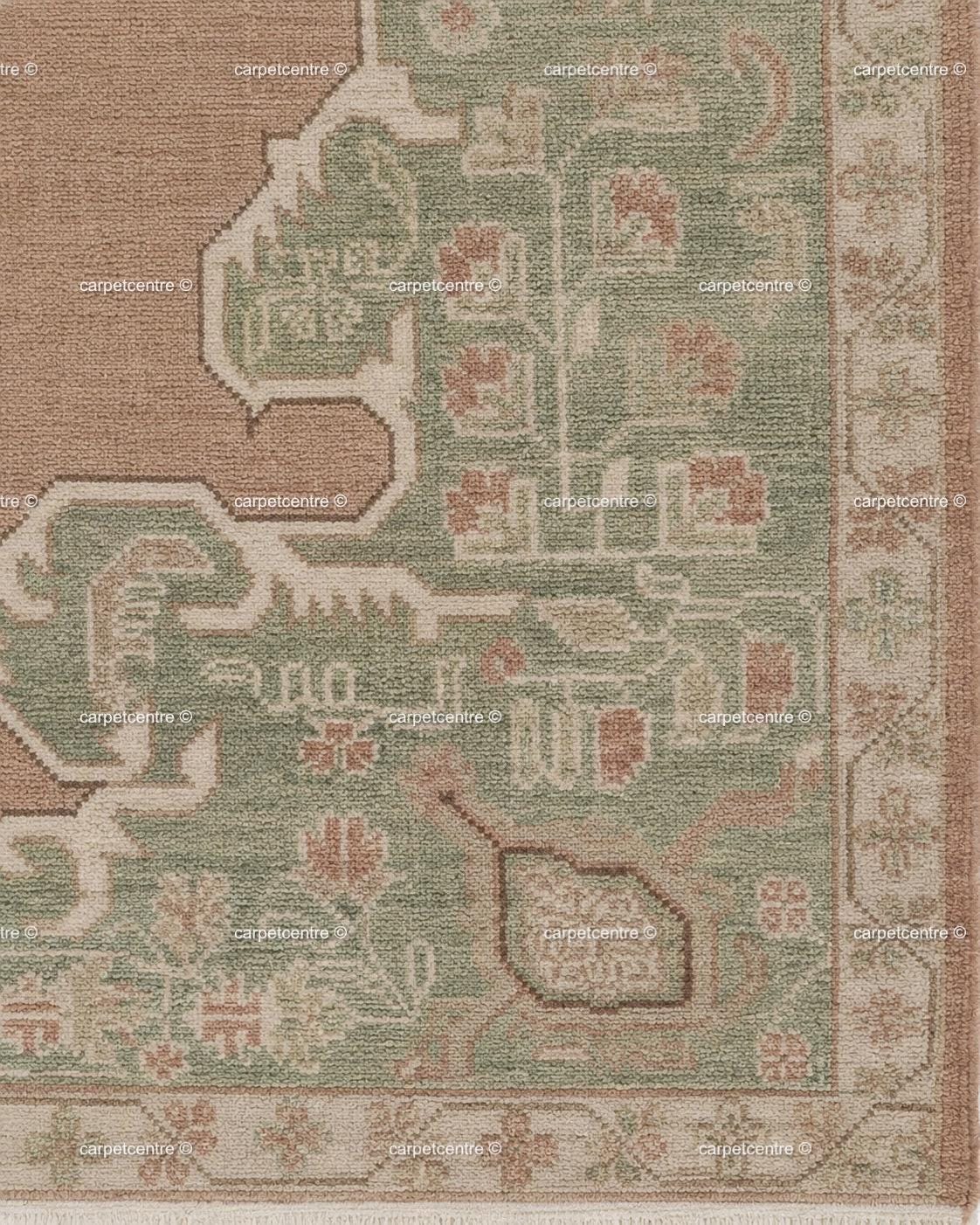 Hand Knotted Oushak Rug: Dusty Rose, Sage Green, New Zealand Wool Carpet