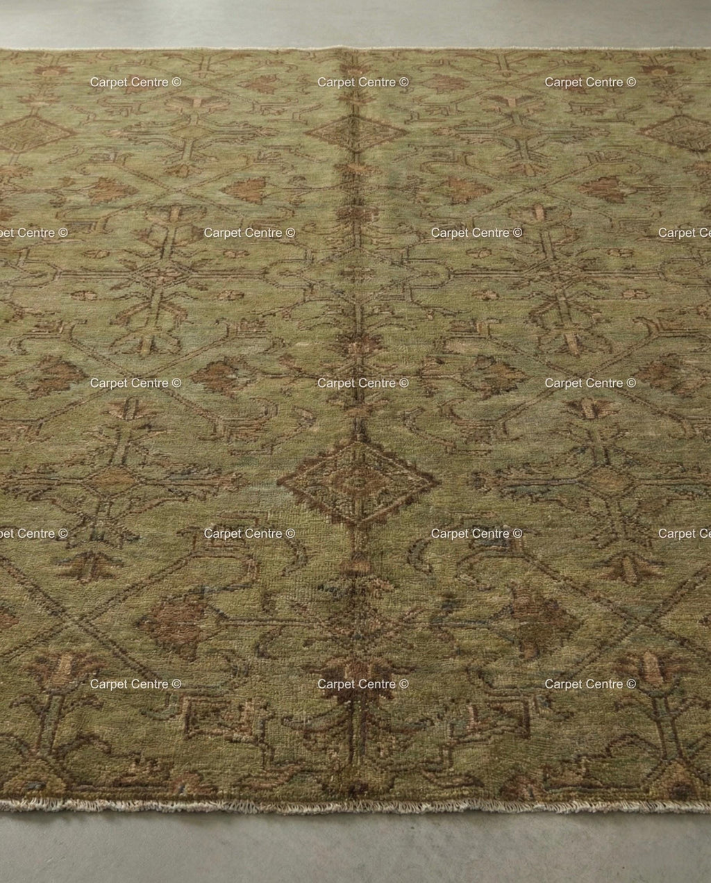 Hand Knotted Wool Oushak Rug, Muted Olive Green Geometric Carpet