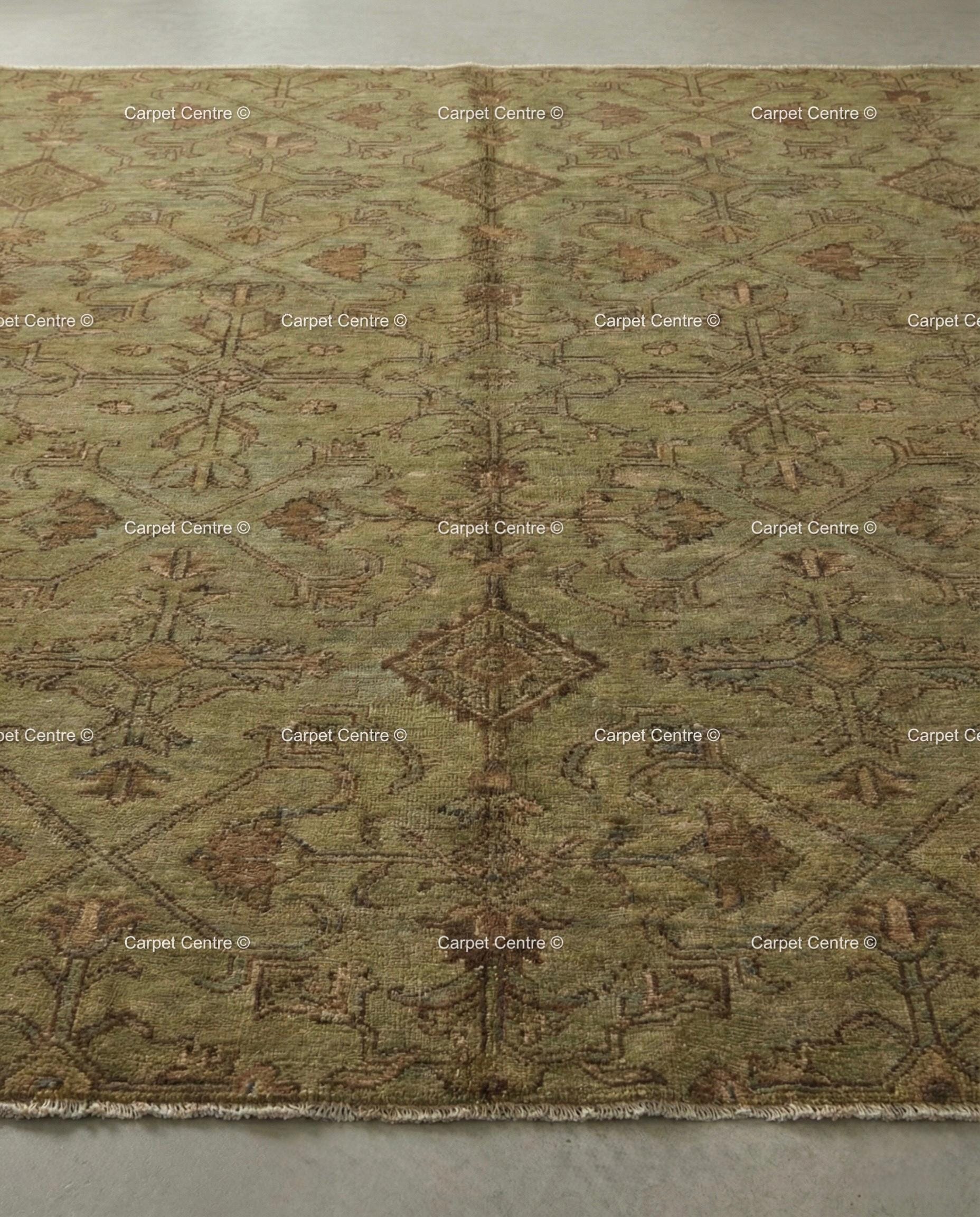 Hand Knotted Wool Oushak Rug, Muted Olive Green Geometric Carpet