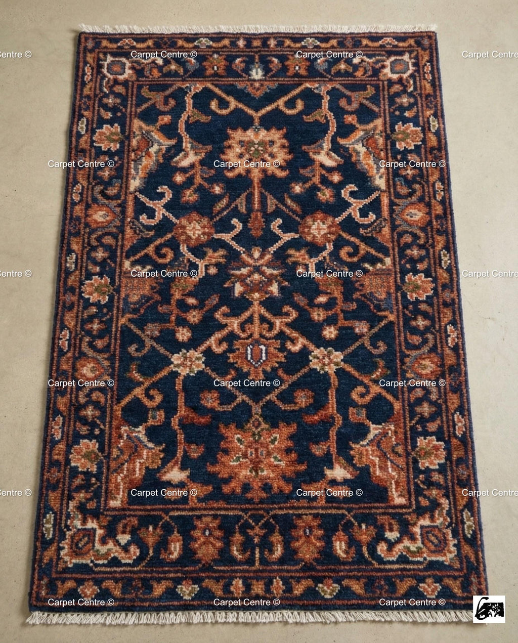 Hand Knotted Navy Blue Oushak Wool Rug, Rustic Floral Entryway Mat