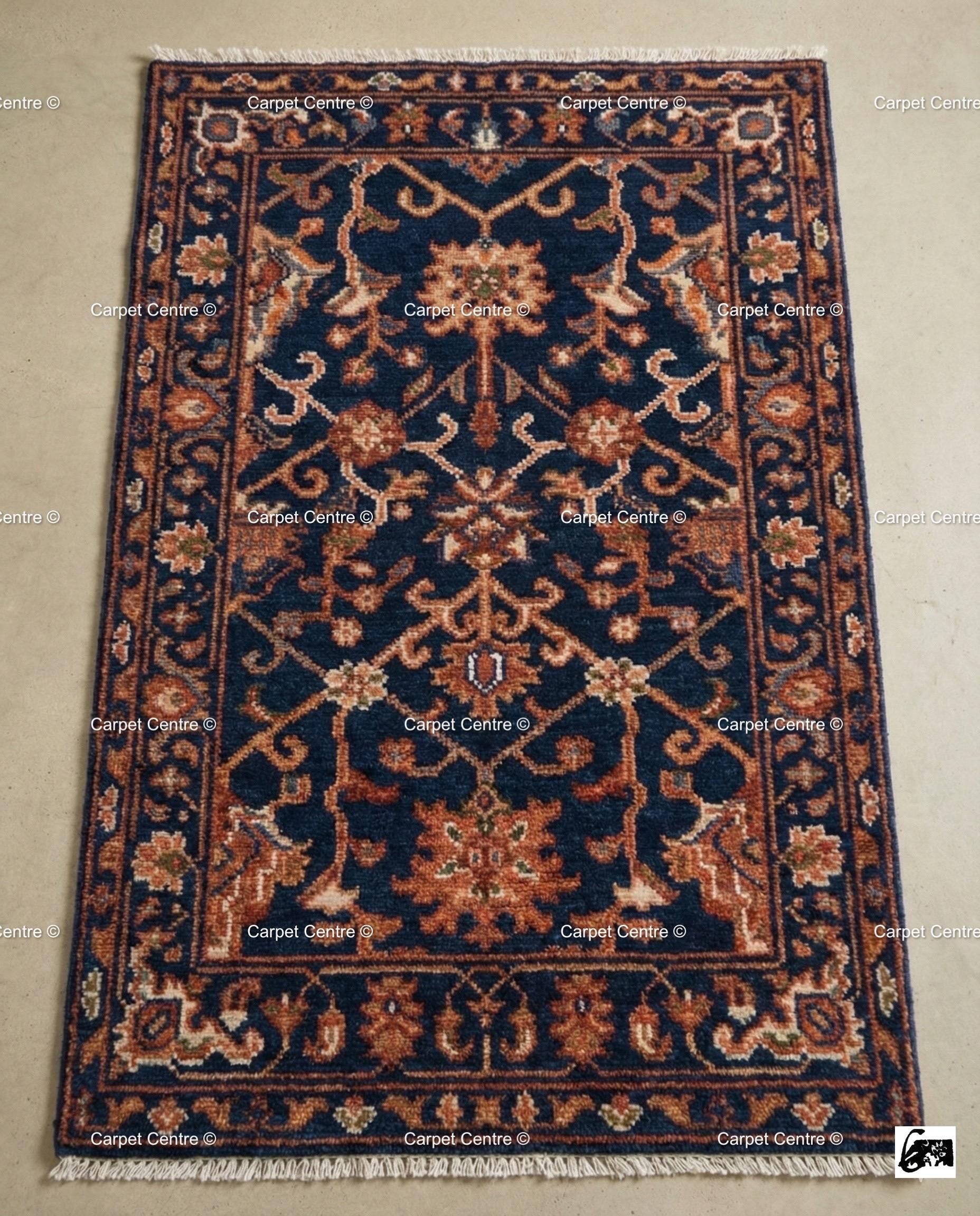 Hand Knotted Navy Blue Oushak Wool Rug, Rustic Floral Entryway Mat