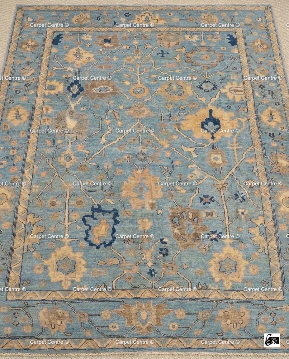 Hand Knotted Wool Oushak Rug, Soft Blue Coastal Decor