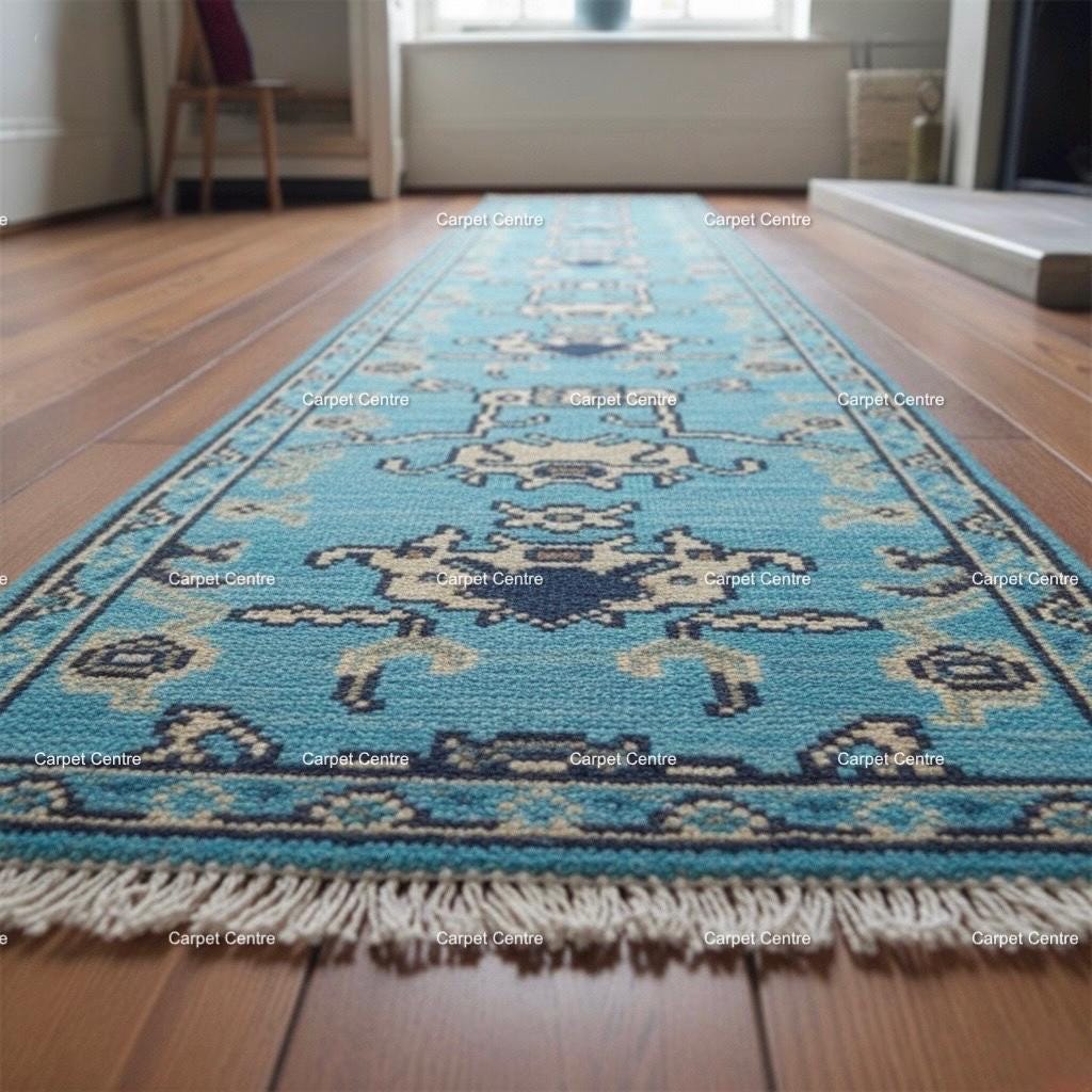 Teal Oushak Runner Rug, Hand-Knotted Wool, Tribal Geometric Design