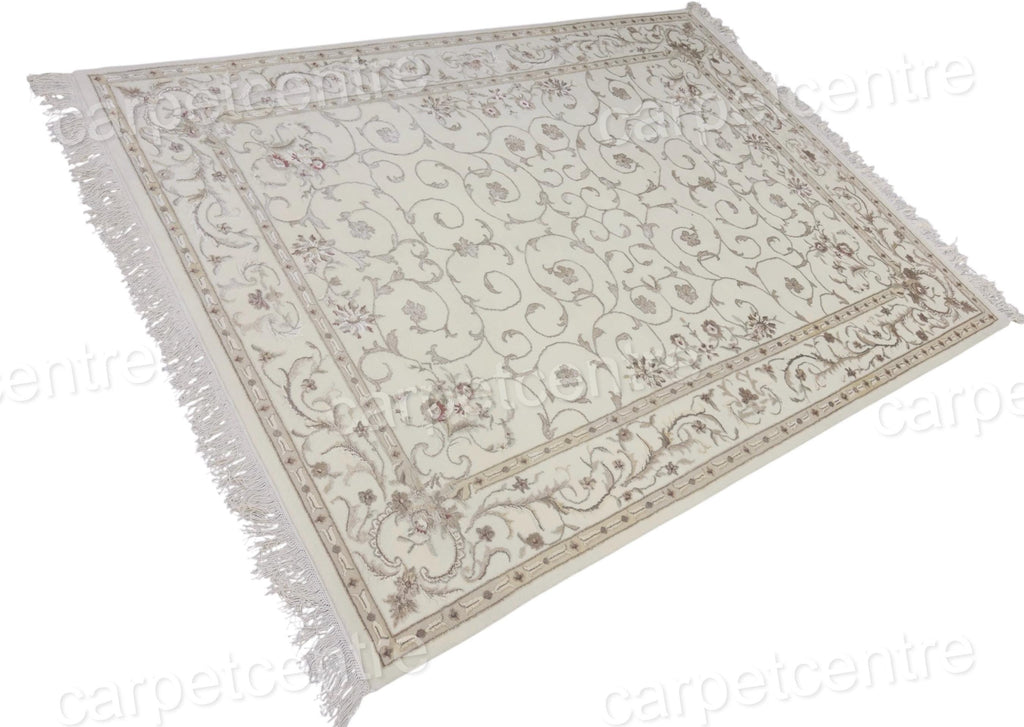 Handwoven Ivory Wool Rug: Persian Floral Art Silk Design